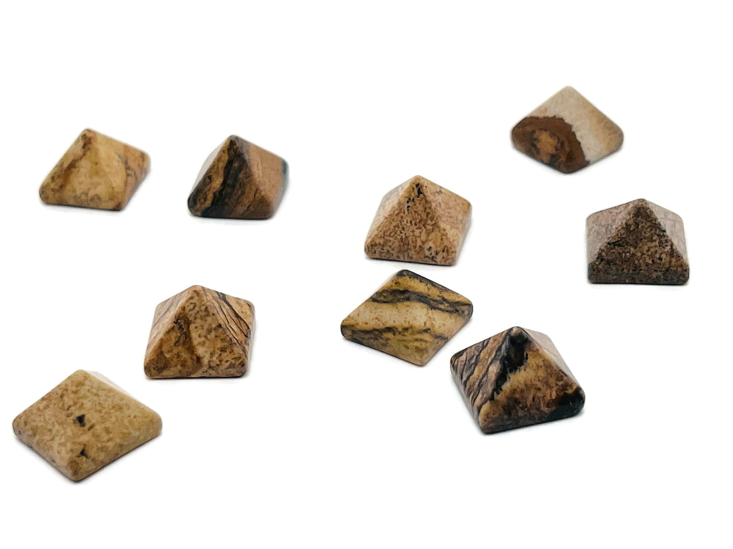 14mm Picture Jasper pyramid gemstone carving by GemstoneGO, showcasing natural earthy patterns and smooth pyramid shape.