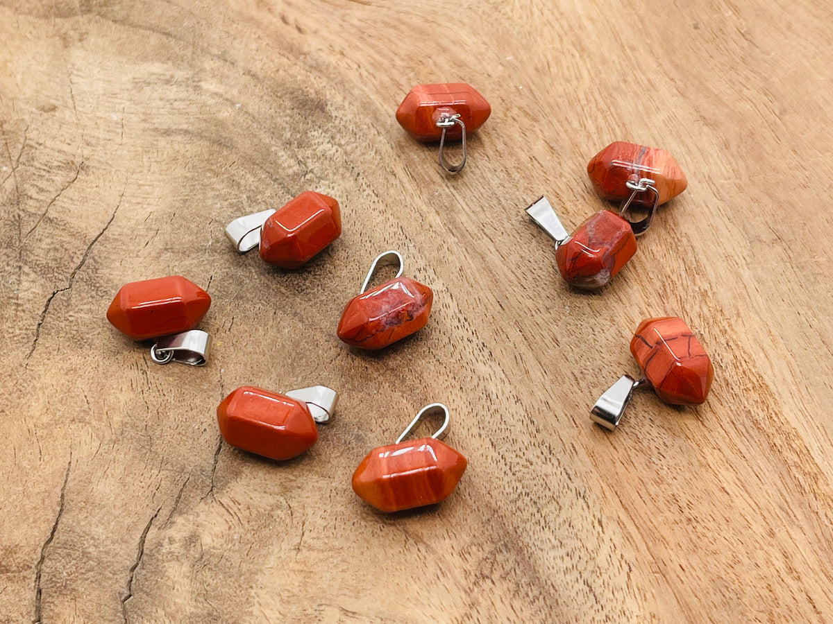 Red Jasper point crystal pendant from GemstoneGO, ideal for jewelry making, featuring a polished red jasper stone with natural gemstone details.