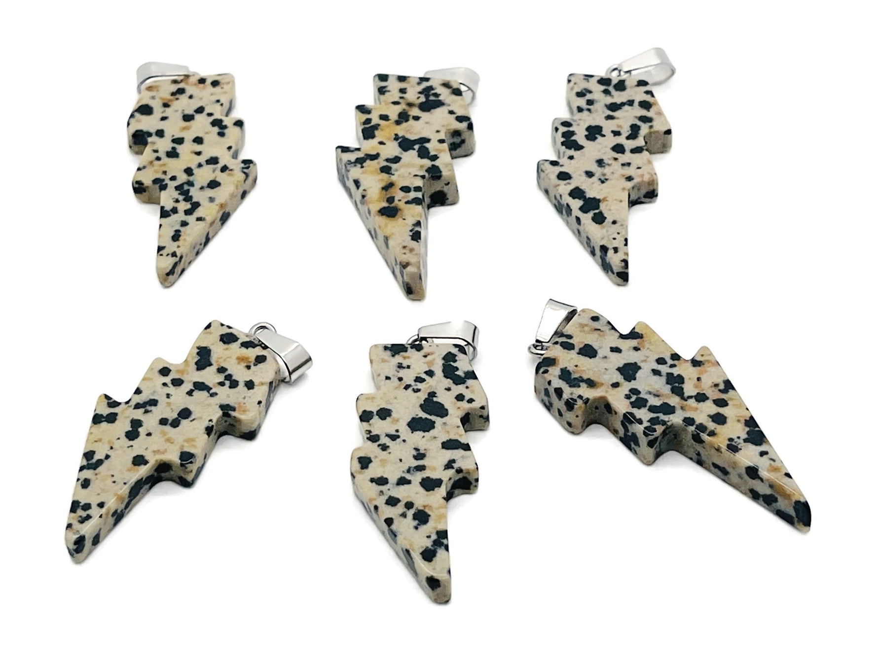 Dalmatian Jasper Lightning Crystal Pendant featuring a lightning-shaped stone by GemstoneGO, showcasing intricate natural patterns.