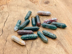 Moss agate terminated carved point gemstone, 33mm, with natural green and brown patterns, from GemstoneGO.