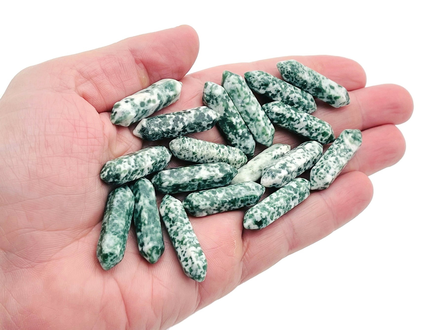 Green Jade Dot Carved Point from Qinghai Jade, 33mm, natural gemstone with polished surface and carved detailing.