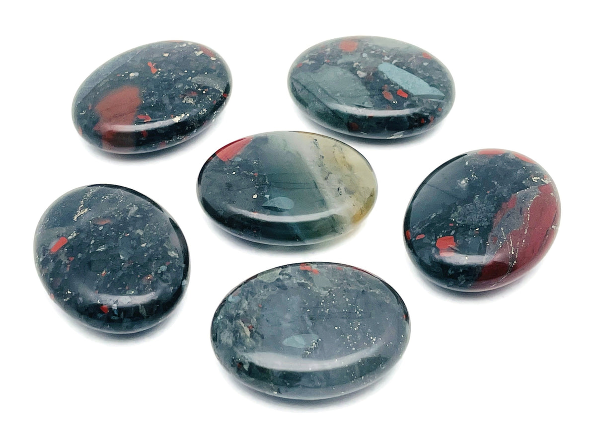 African Bloodstone palm gemstone spa stone, 45x35mm, smooth polished red and green mineral for healing and relaxation.