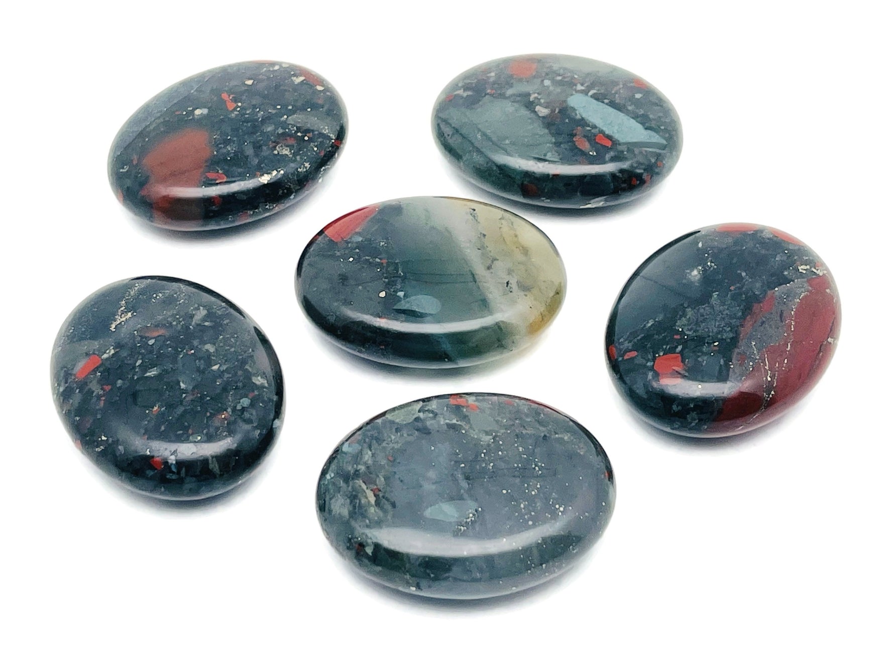 African Bloodstone palm gemstone spa stone, 45x35mm, smooth polished red and green mineral for healing and relaxation.