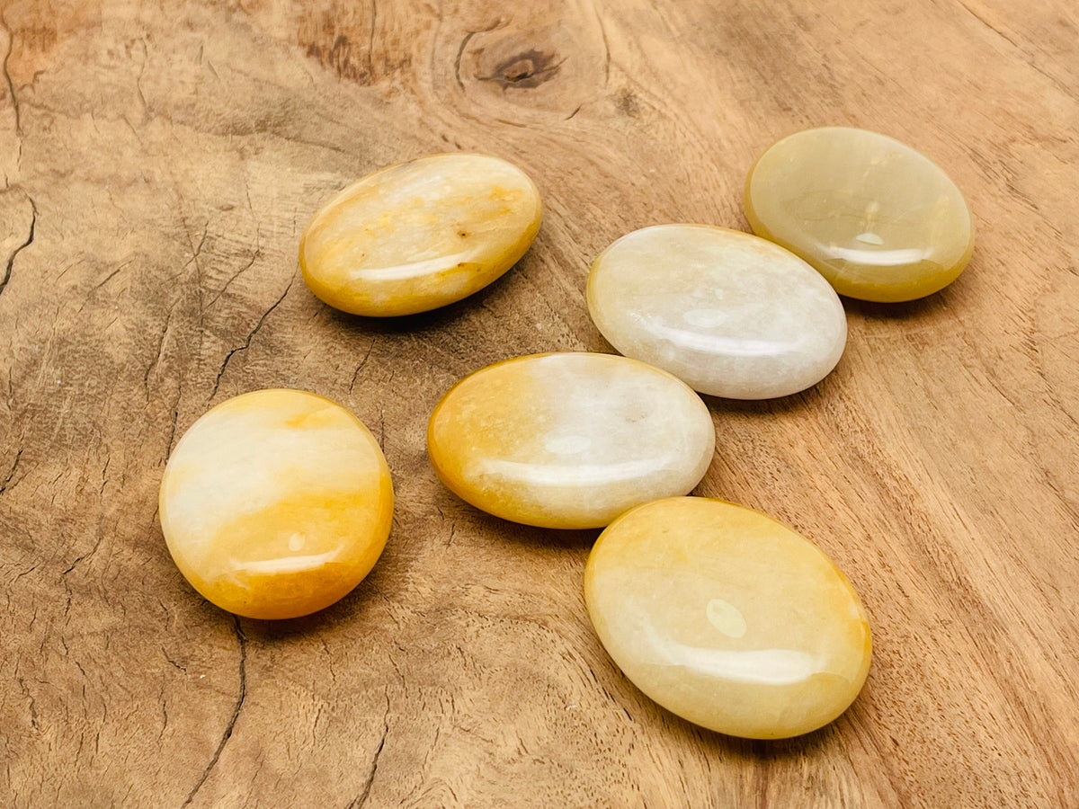 Yellow aventurine palm gemstone spa stone, 45x35mm, smooth polished gemstone for relaxation and healing, by GemstoneGO.