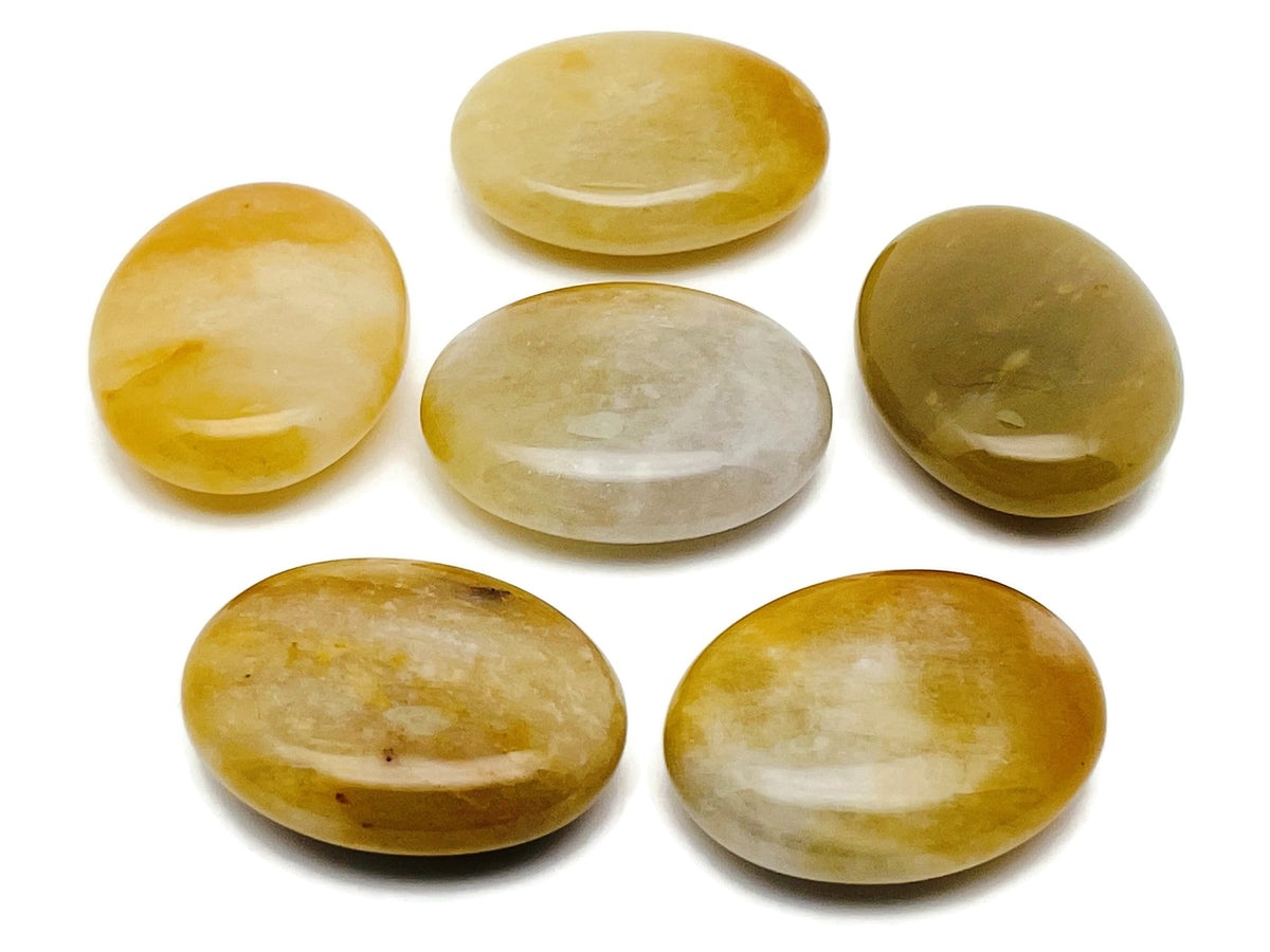 Yellow aventurine palm gemstone spa stone, 45x35mm, smooth polished natural yellow aventurine for relaxation and meditation.
