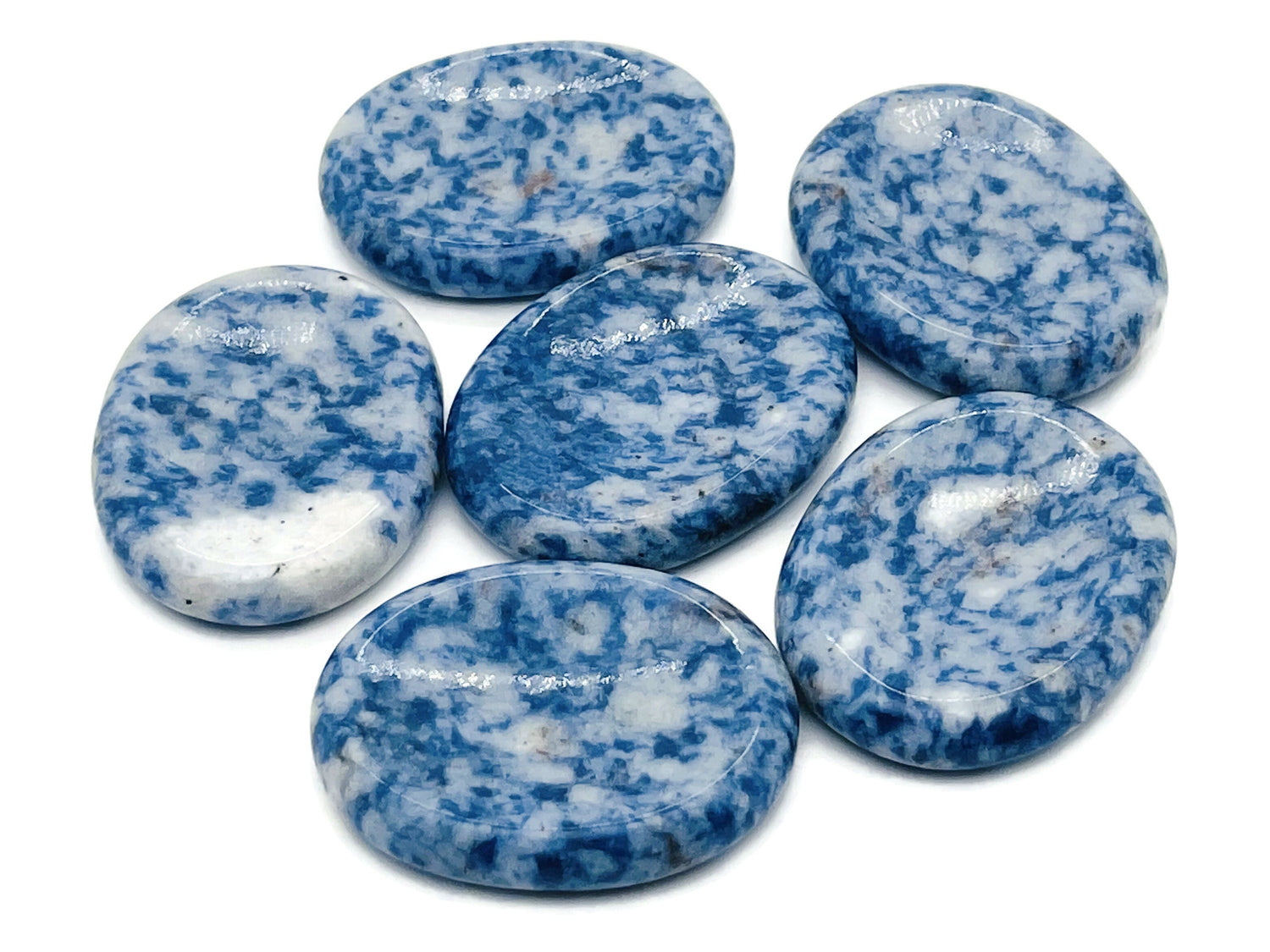Blue Spot Jasper worry stone showing smooth, polished surface with blue and brown spots, sized 4.5x3.5cm, from GemstoneGO.