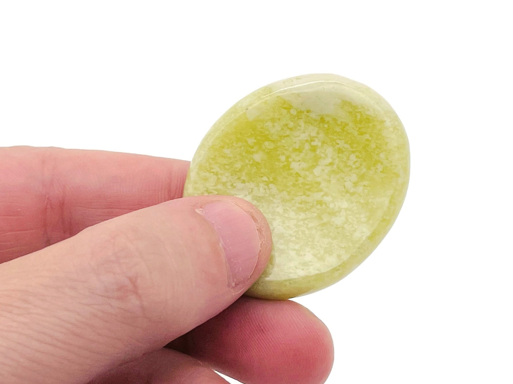 Smooth jade worry stone from GemstoneGO, measuring 4.5x3.5cm, featuring a polished, soothing crystal surface for stress relief.