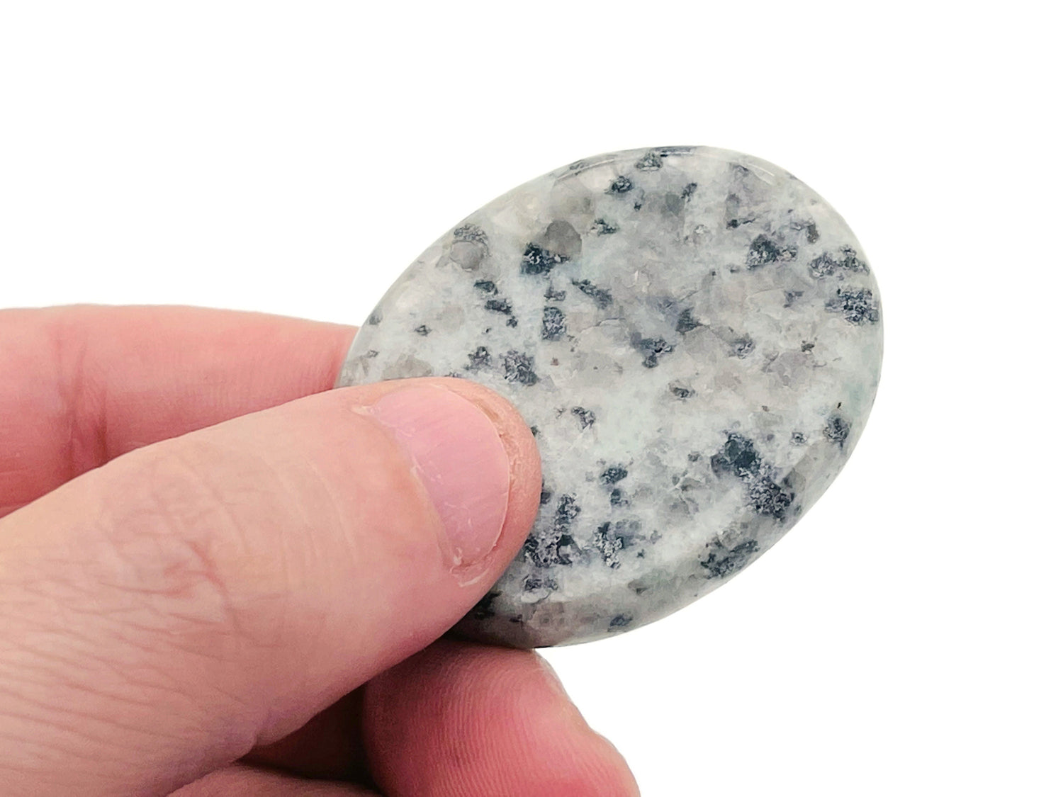 Kiwi Jasper worry stone from GemstoneGO, soothing crystal with green and brown patterns, measuring 4.5x3.5cm.