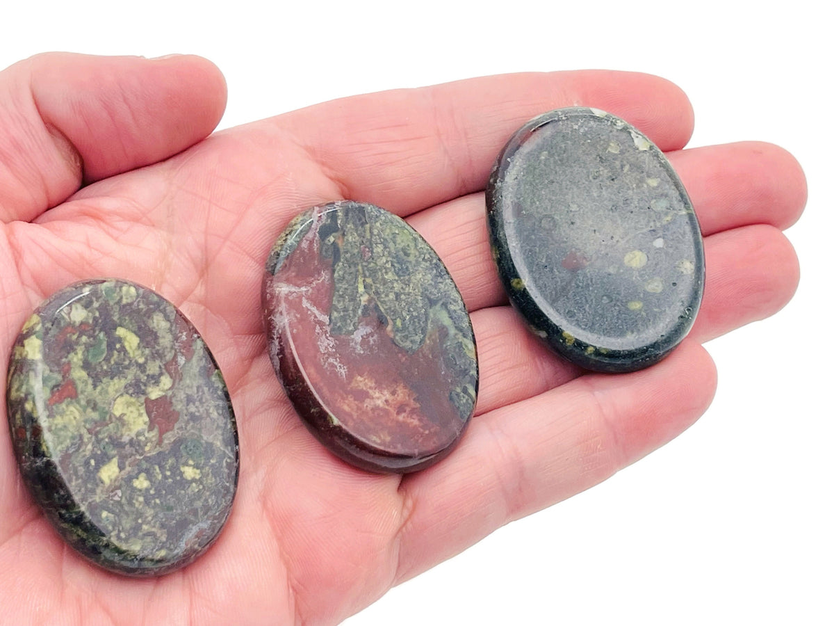 Dragon Blood Jasper worry stone with smooth polished surface, measuring 4.5x3.5cm, from GemstoneGO.