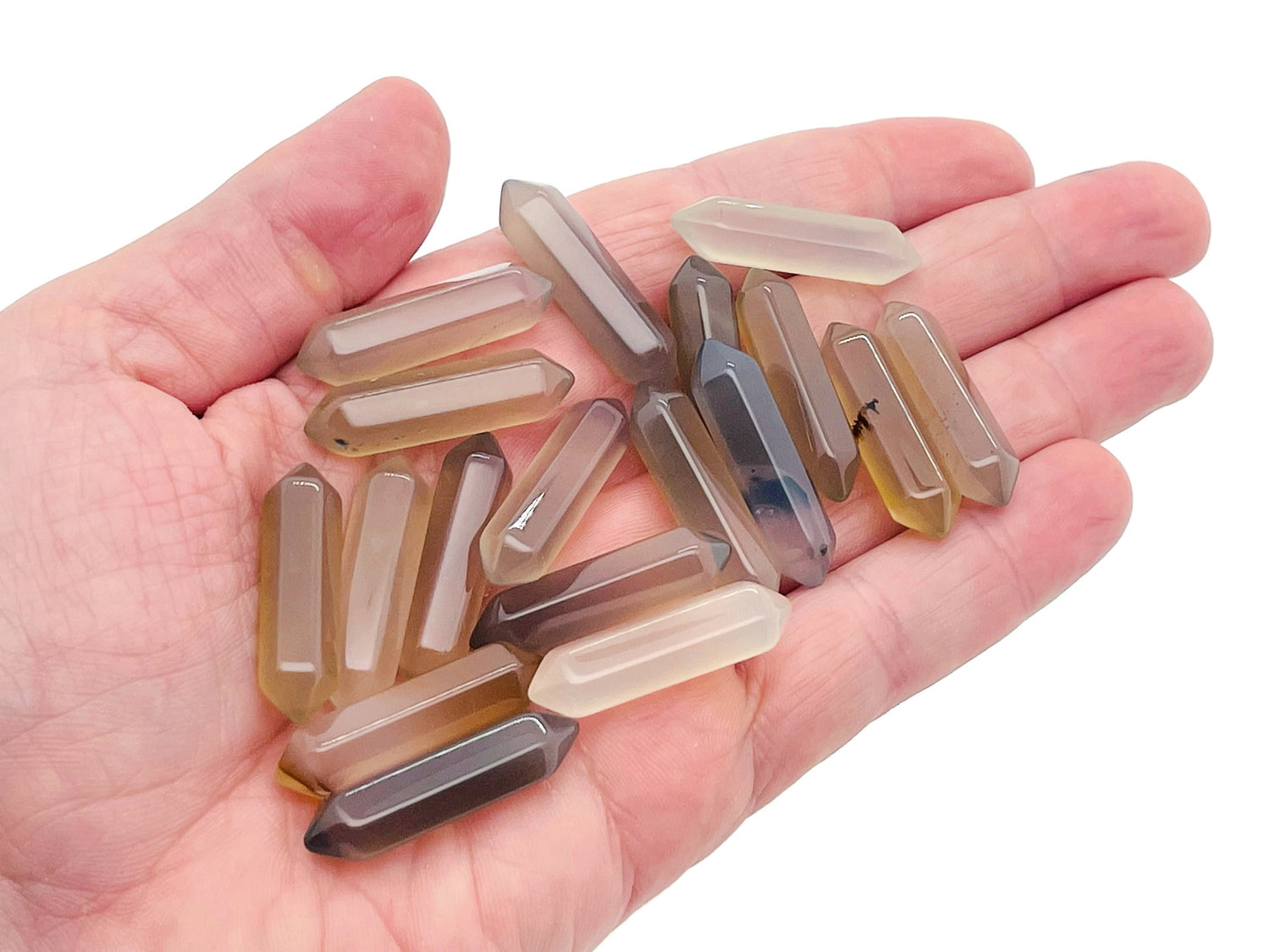 Grey Agate terminated carved point gemstone pendant, 33mm, from GemstoneGO, showcasing smooth carved surface and natural stone details.