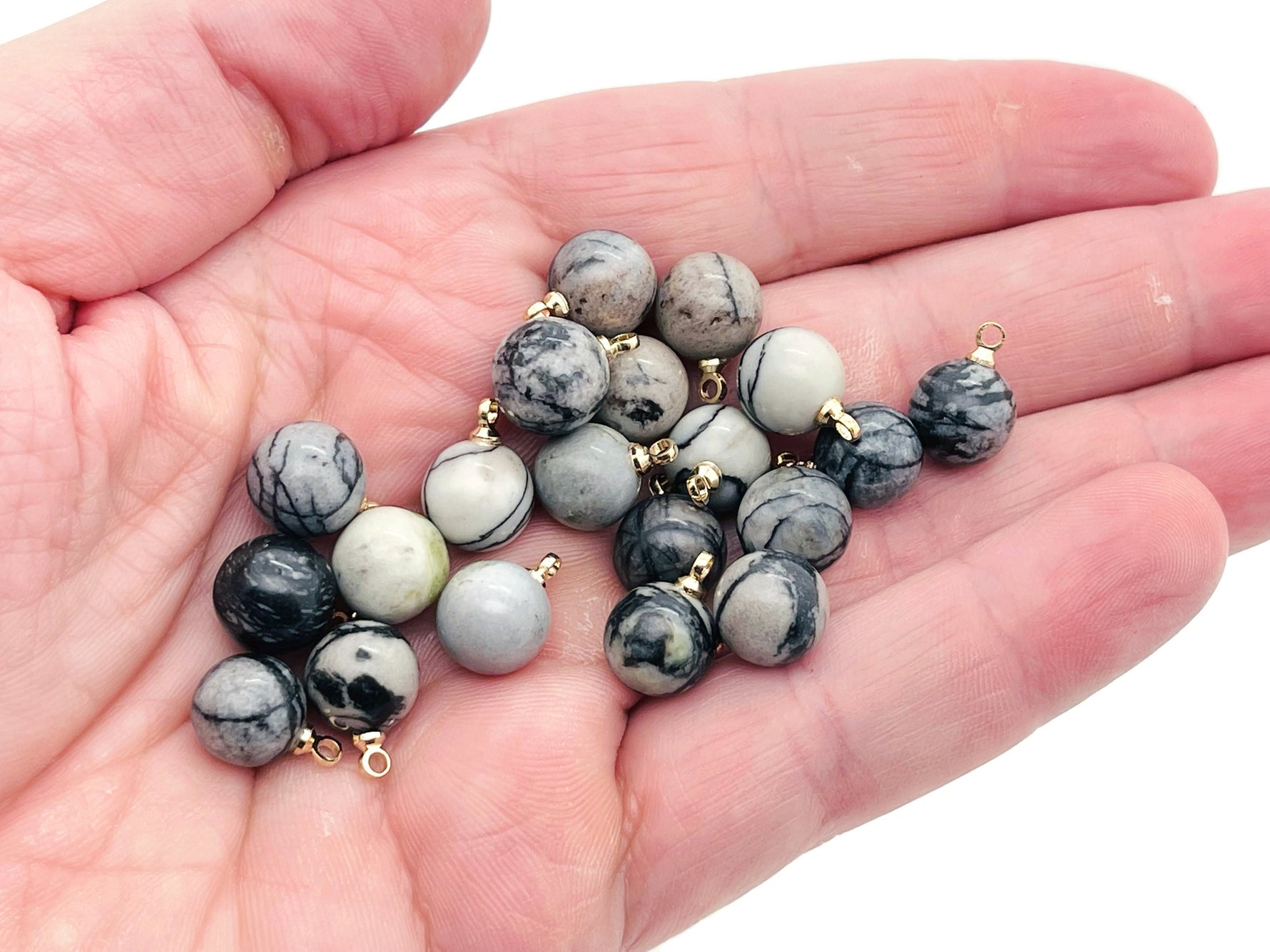 Black Network Jasper ball beads with crystal pendant, gemstone jewelry stone, natural mineral accessory.