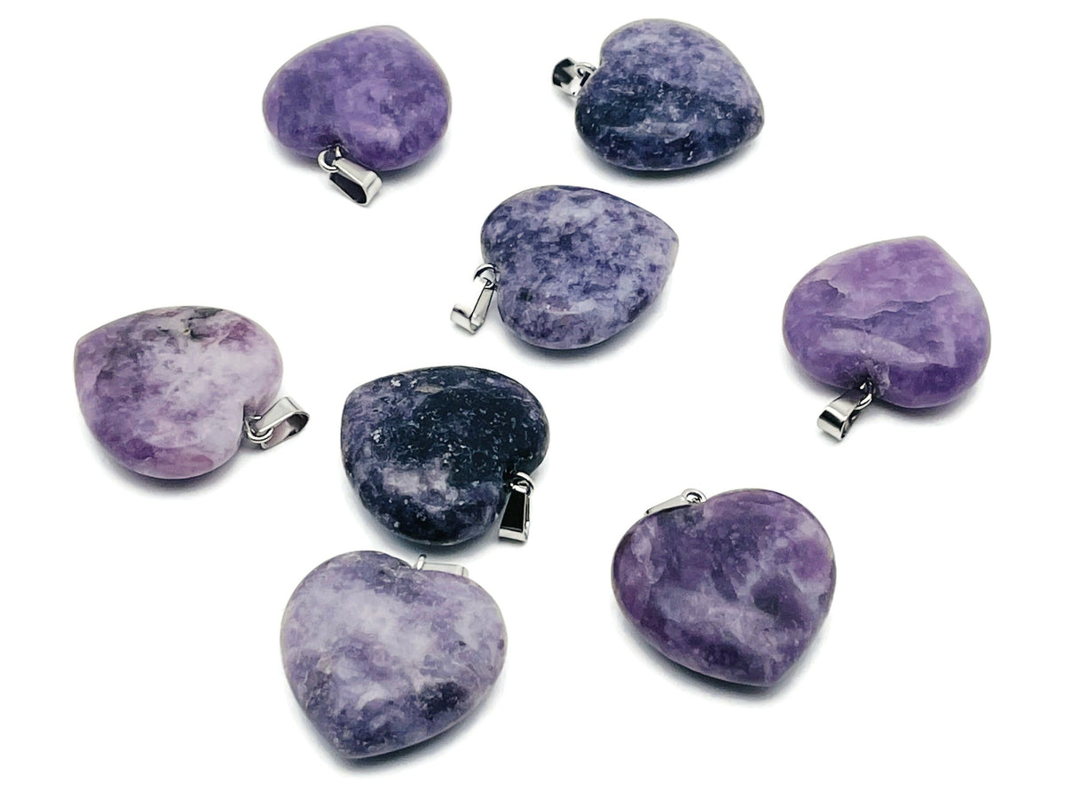 Lepidolite heart-shaped crystal pendant from GemstoneGO, showcasing a polished Reiki crystal with purple and silver hues.