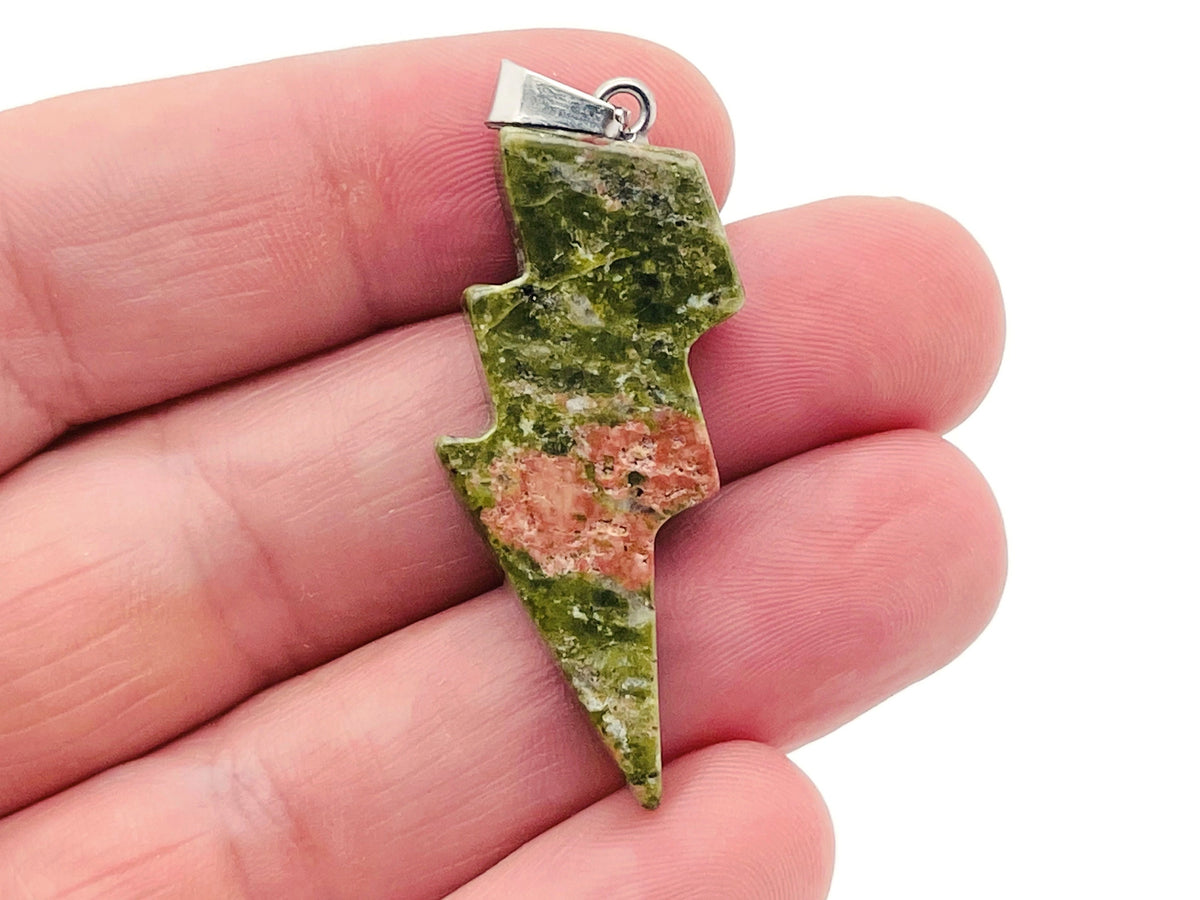 Unakite lightning crystal pendant from GemstoneGO featuring a vibrant lightning stone gemstone on a silver chain.