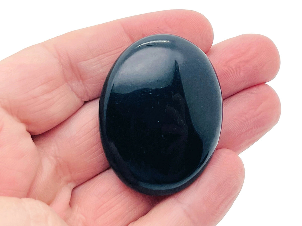Obsidian palm gemstone spa stone, 45x35mm, smooth black volcanic stone for relaxation and therapeutic use by GemstoneGO