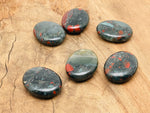 African Bloodstone palm gemstone spa stone, 45x35mm, smooth polished bloodstone with natural deep green and red mineral patterns.