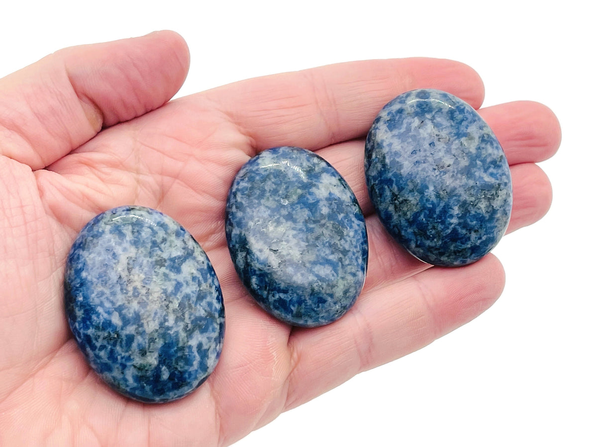 Blue Spot Jasper palm gemstone spa stone, 45x35mm, smooth polished natural gemstone for relaxation and healing.