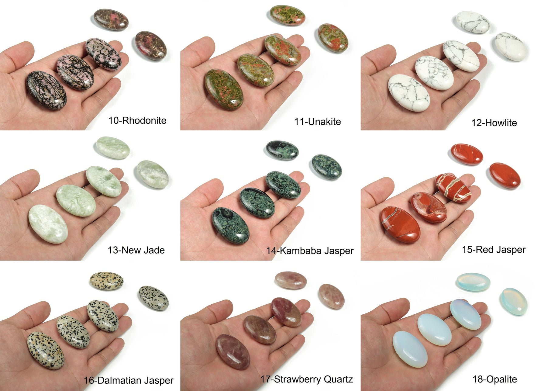 Oval palm gemstone spa stone with mixed crystals, 45x35mm, featuring colorful, polished gemstone surfaces for relaxation and meditation.