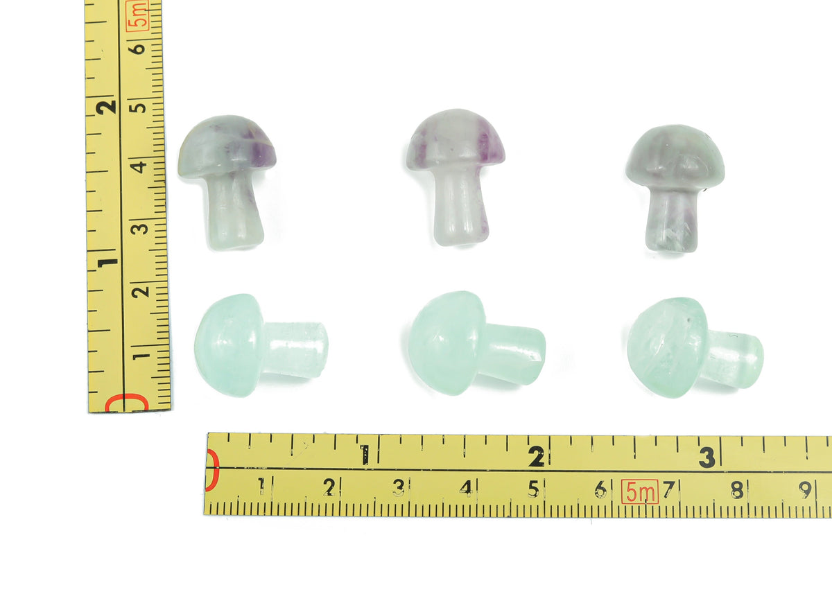 20mm Fluorite mushroom carved gemstone from GemstoneGO, featuring vibrant blue-green hues and smooth polished surface.