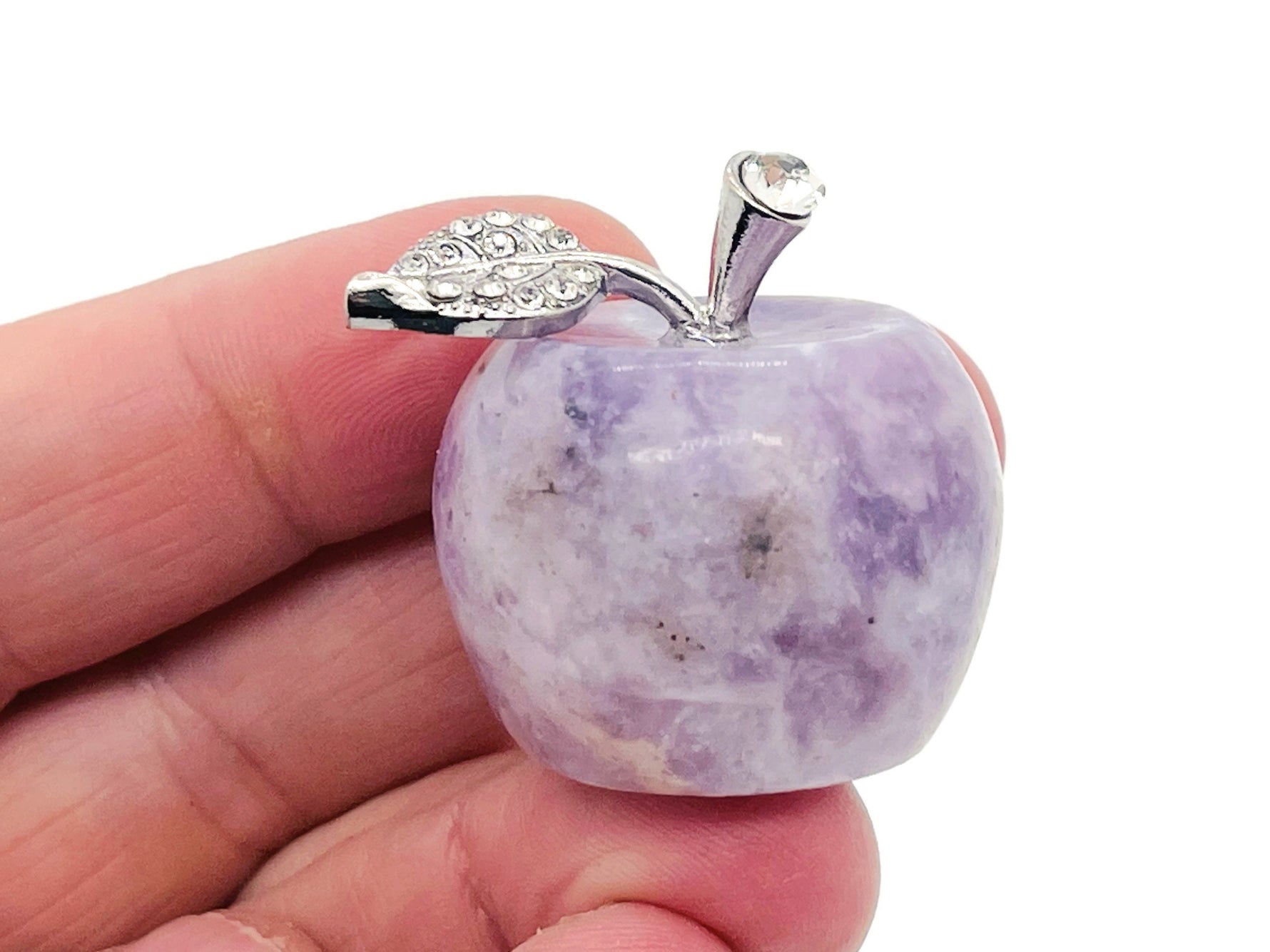 Lepidolite apple-shaped crystal carving from GemstoneGO, 30mm, showcasing purple and lavender tones with smooth polished surface.