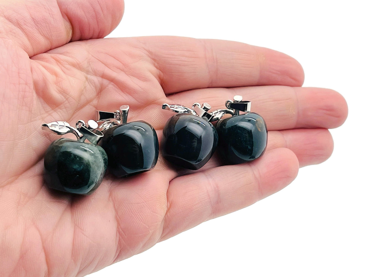 Moss agate apple-shaped crystal pendant from GemstoneGO, mini pendant with detailed green and brown mineral patterns.