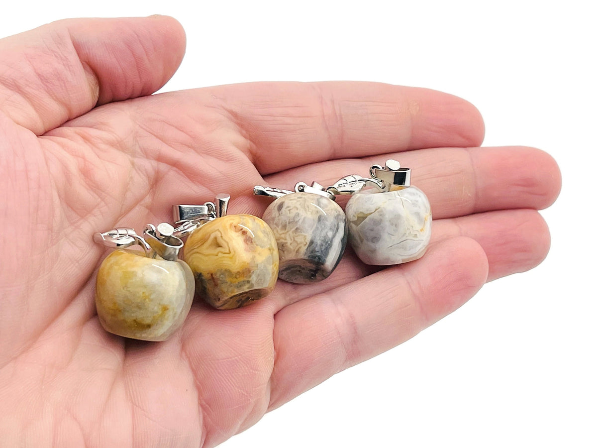 Crazy Lace Agate and Apple Crystal pendant, mini gemstone jewelry piece with intricate patterns and vibrant colors.