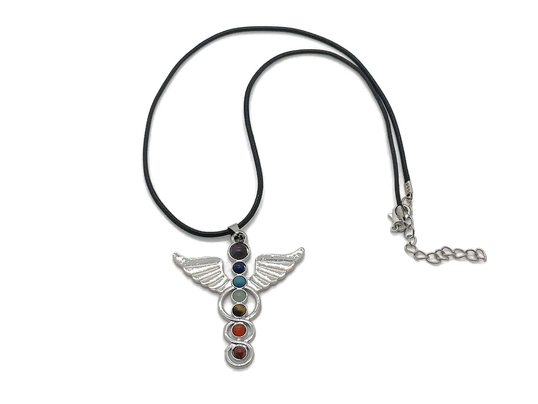 Angel wing crystal necklace with seven stones from GemstoneGO, featuring a delicate angel wing pendant and sparkling gemstones.