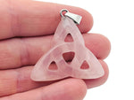 Rose Quartz Celtic Knot Crystal Pendant from GemstoneGO featuring a detailed Trinity Crystals design on a silver chain.