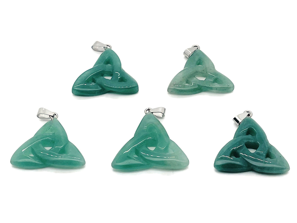 Aventurine Celtic Knot crystal pendant with Trinity crystals from GemstoneGO, featuring intricate Celtic design and green aventurine gemstone.