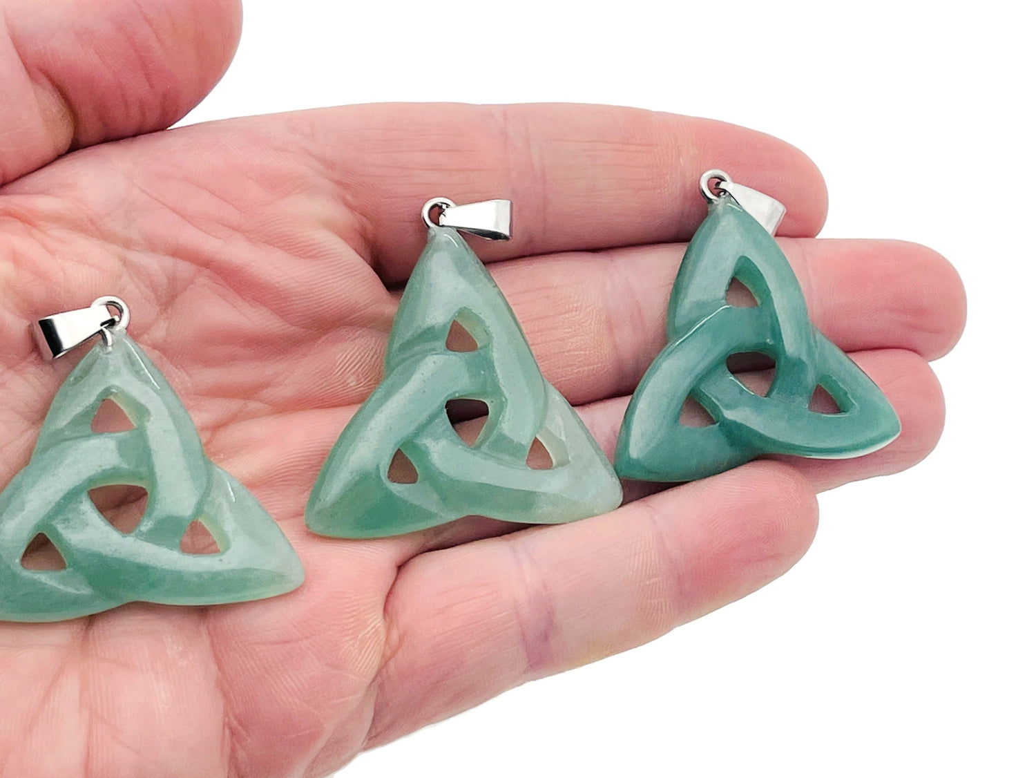 Aventurine Celtic Knot Crystal Pendant with Trinity Crystals by GemstoneGO, featuring intricate Celtic design and sparkling crystal accents.