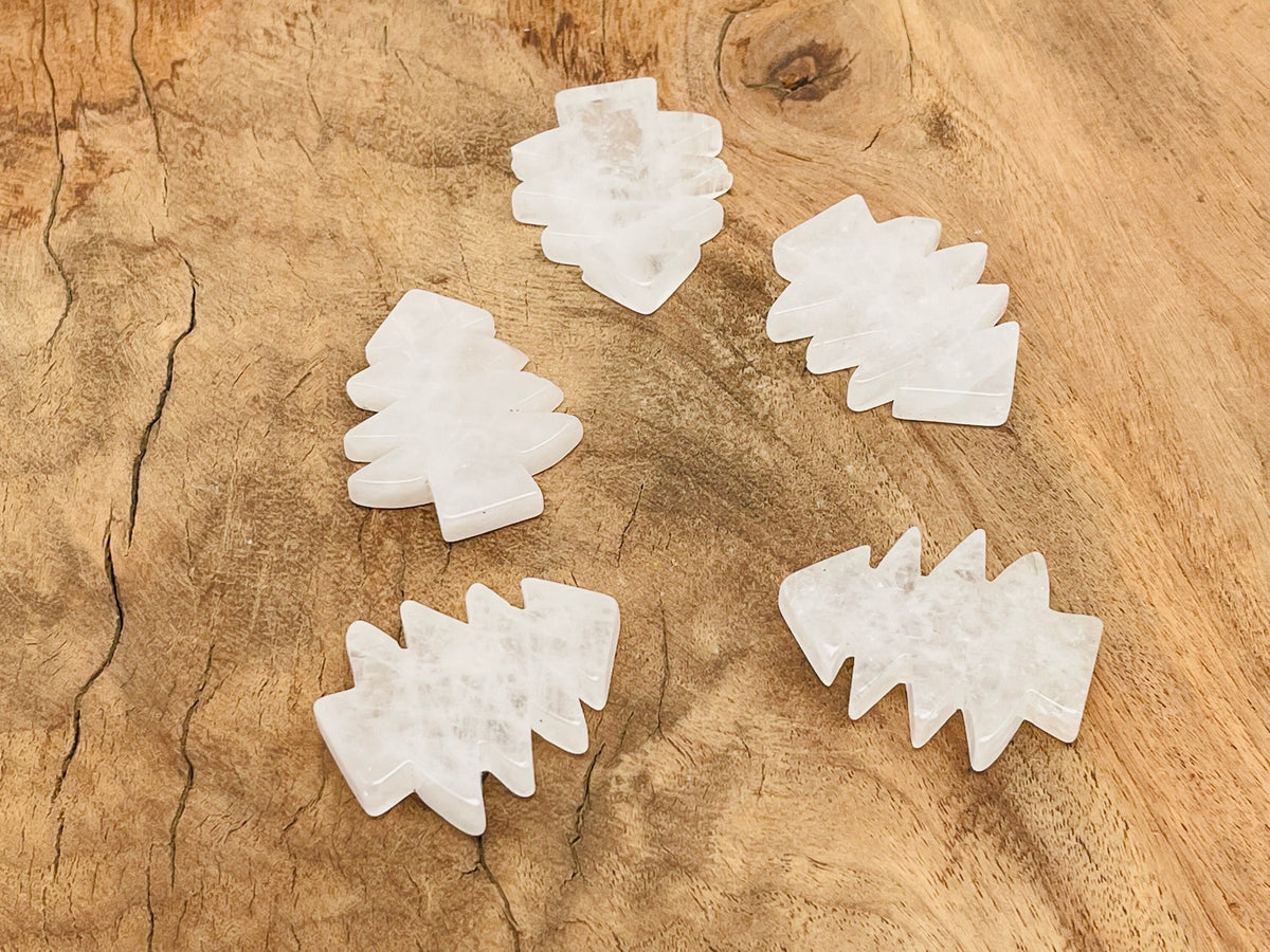Handmade clear quartz pine tree gemstone carving, natural tree shape with detailed branches, gemstone sculpture by GemstoneGO.