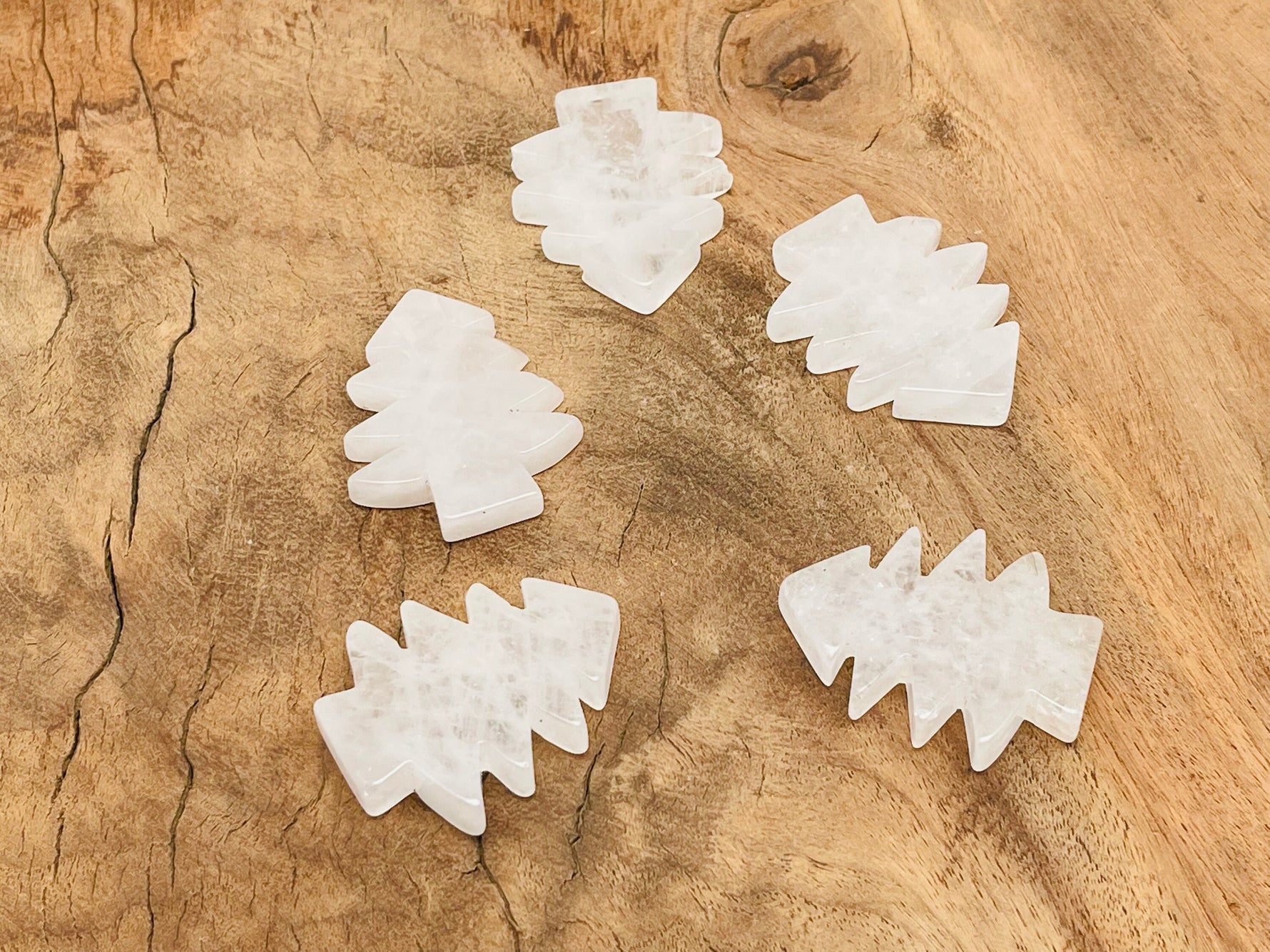 Handmade clear quartz pine tree gemstone carving, natural tree shape with detailed branches, gemstone sculpture by GemstoneGO.