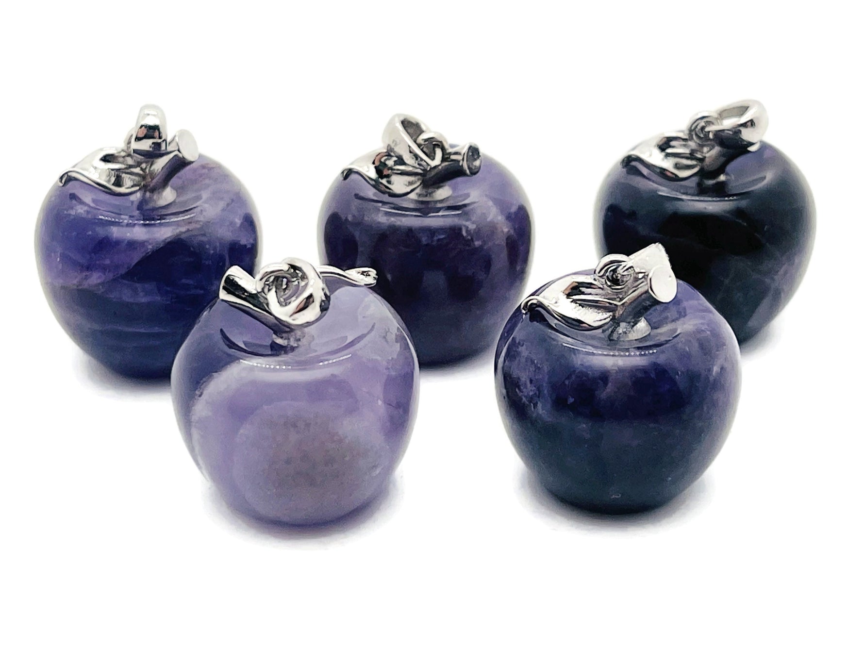 Amethyst apple-shaped crystal pendant by GemstoneGO, mini gemstone jewelry with purple amethyst stone and silver-tone setting.