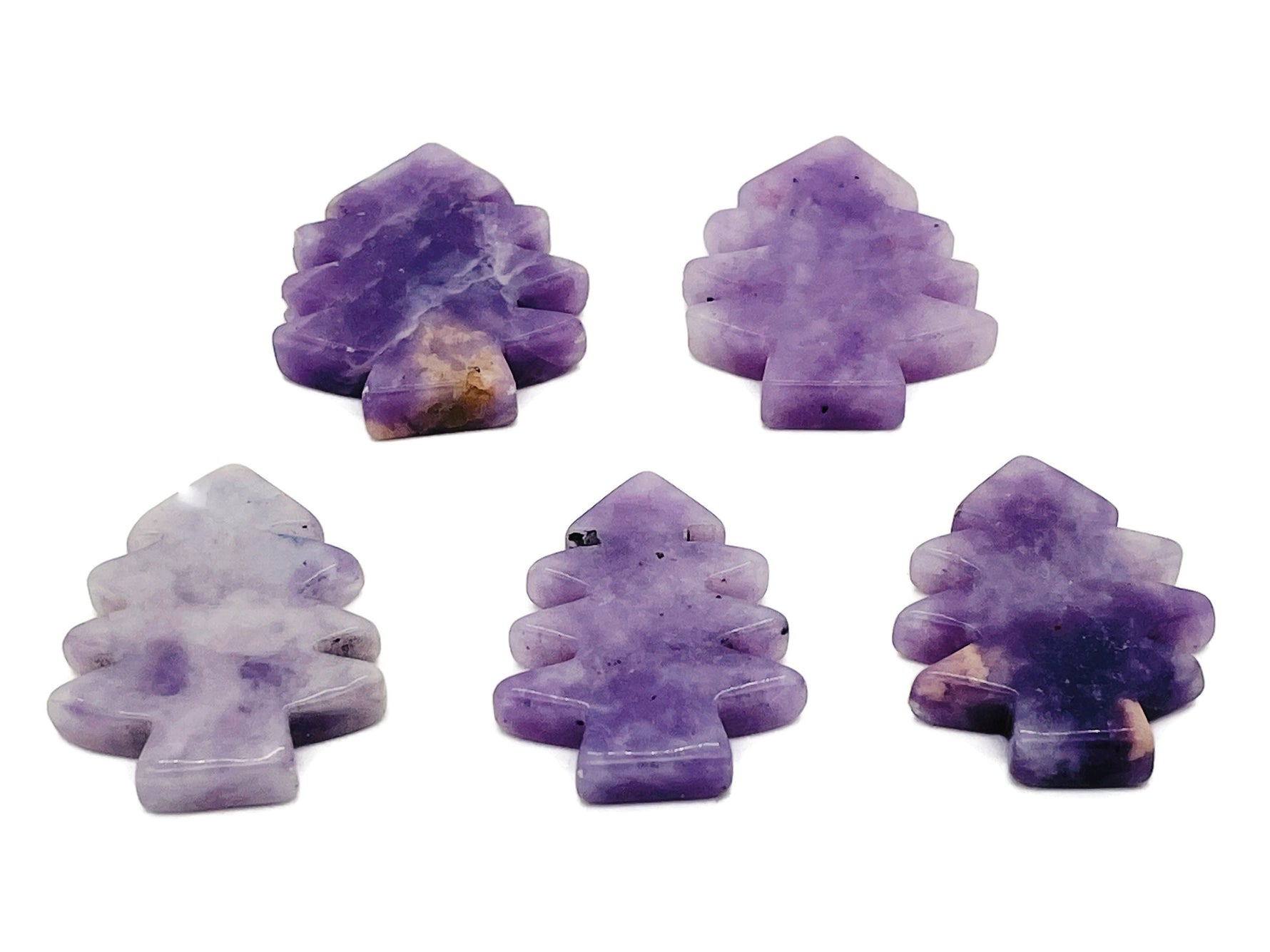 Handmade Lepidolite pine tree gemstone carving by GemstoneGO, showcasing detailed green and purple stone craftsmanship.