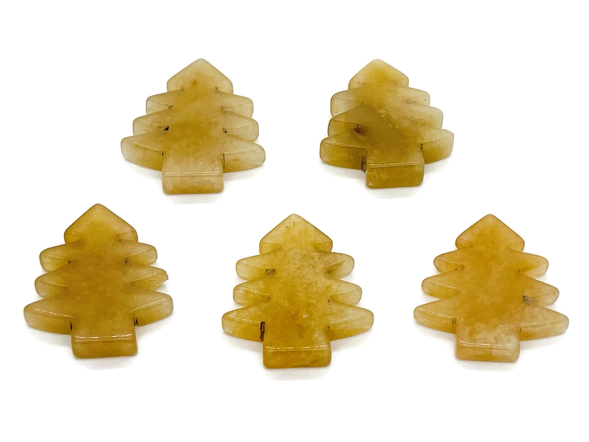 Handmade yellow aventurine gemstone pine tree carving, detailed tree sculpture on a natural stone base by GemstoneGO.