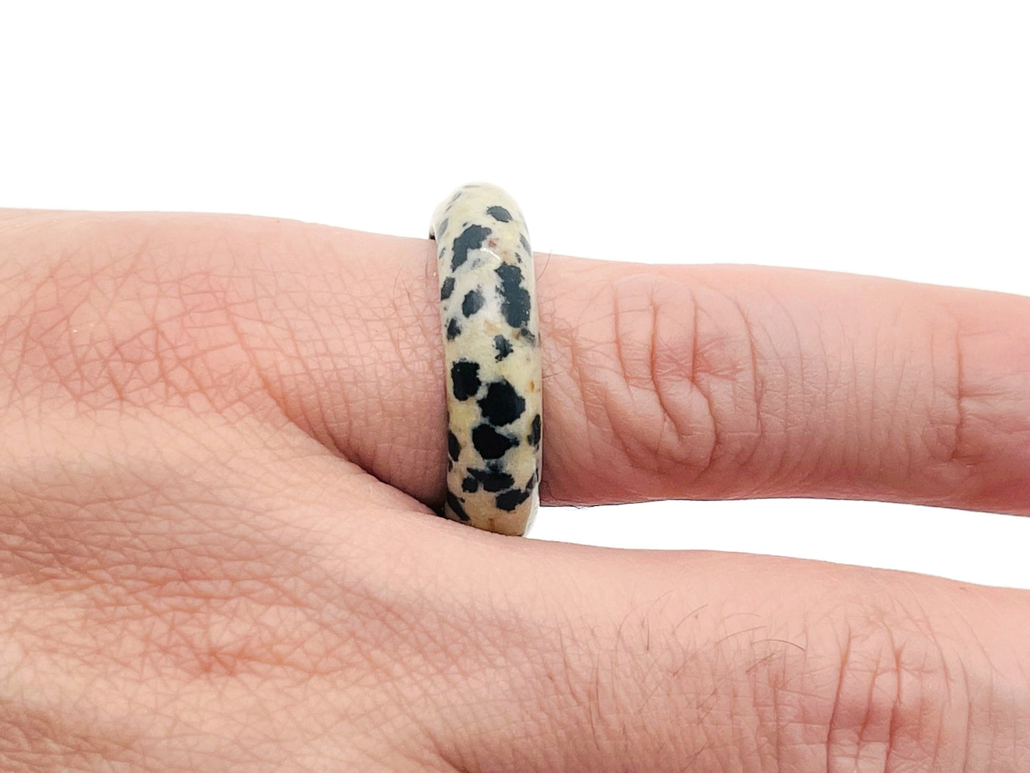 Dalmatian Jasper crystal ring by GemstoneGO featuring a distinctive spotted stone set in a silver band.