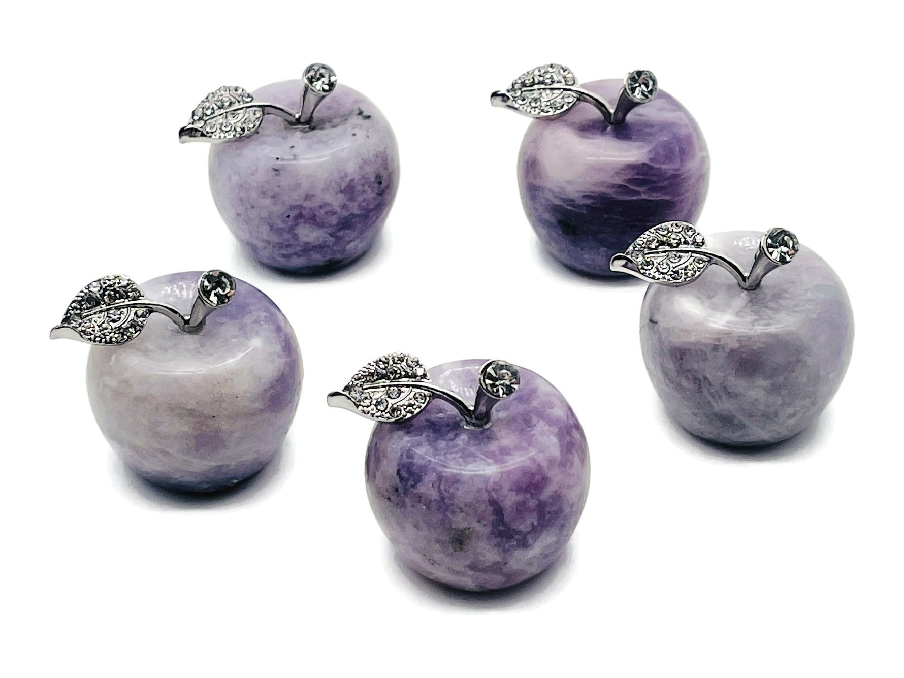 Lepidolite apple-shaped crystal carving by GemstoneGO, 30mm size, showcasing the purple and pink hues of the polished gemstone.