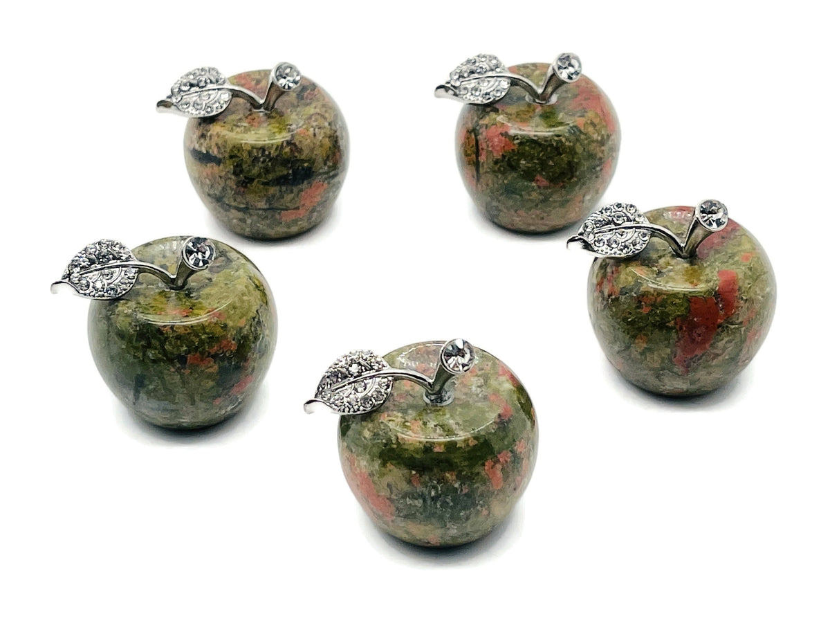 Unakite apple-shaped crystal carving from GemstoneGO, 30mm, featuring vibrant green and pink gemstone details.