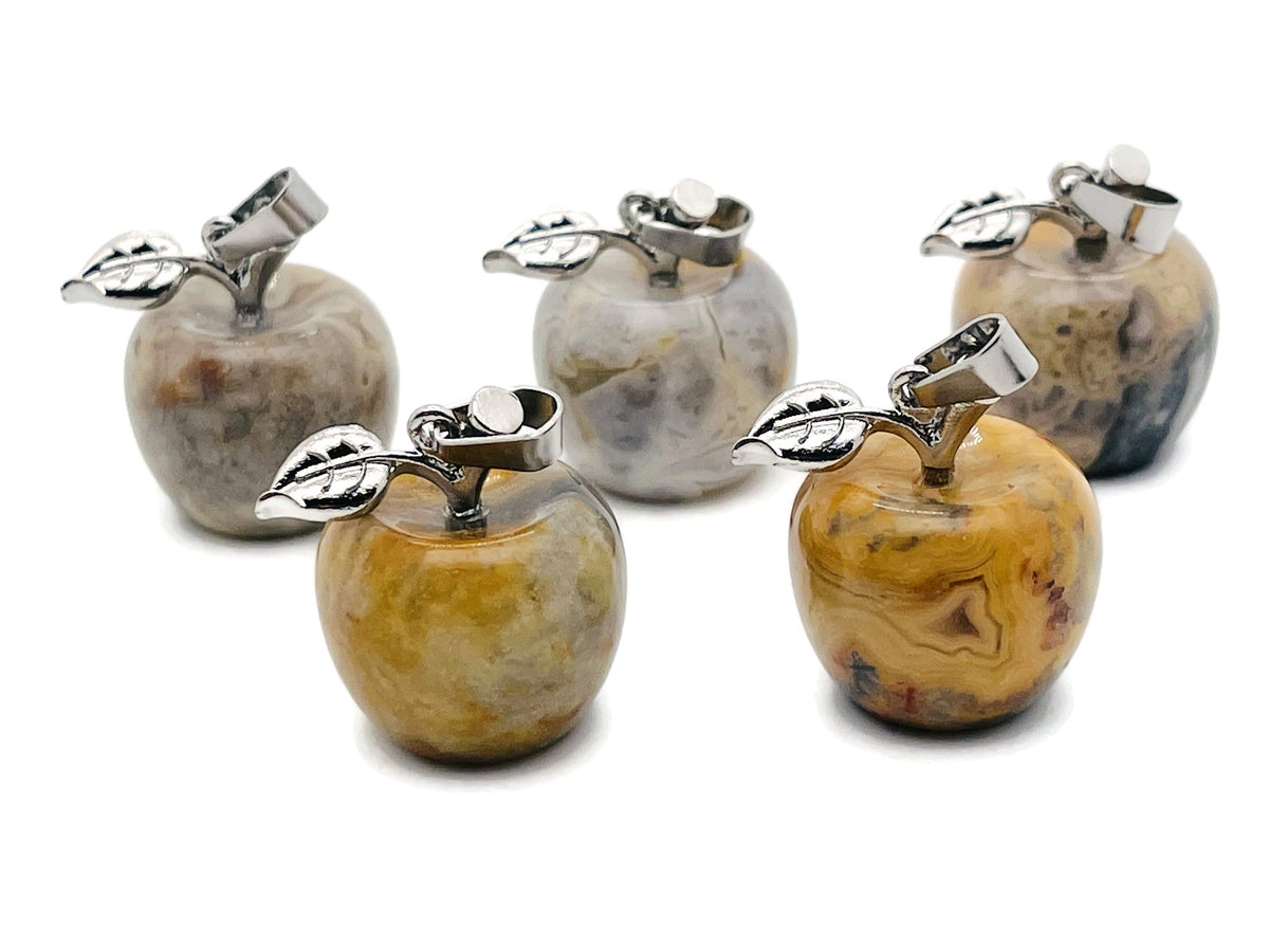 Crazy Lace Agate apple-shaped crystal pendant by GemstoneGO, small detailed gemstone jewelry accessory.