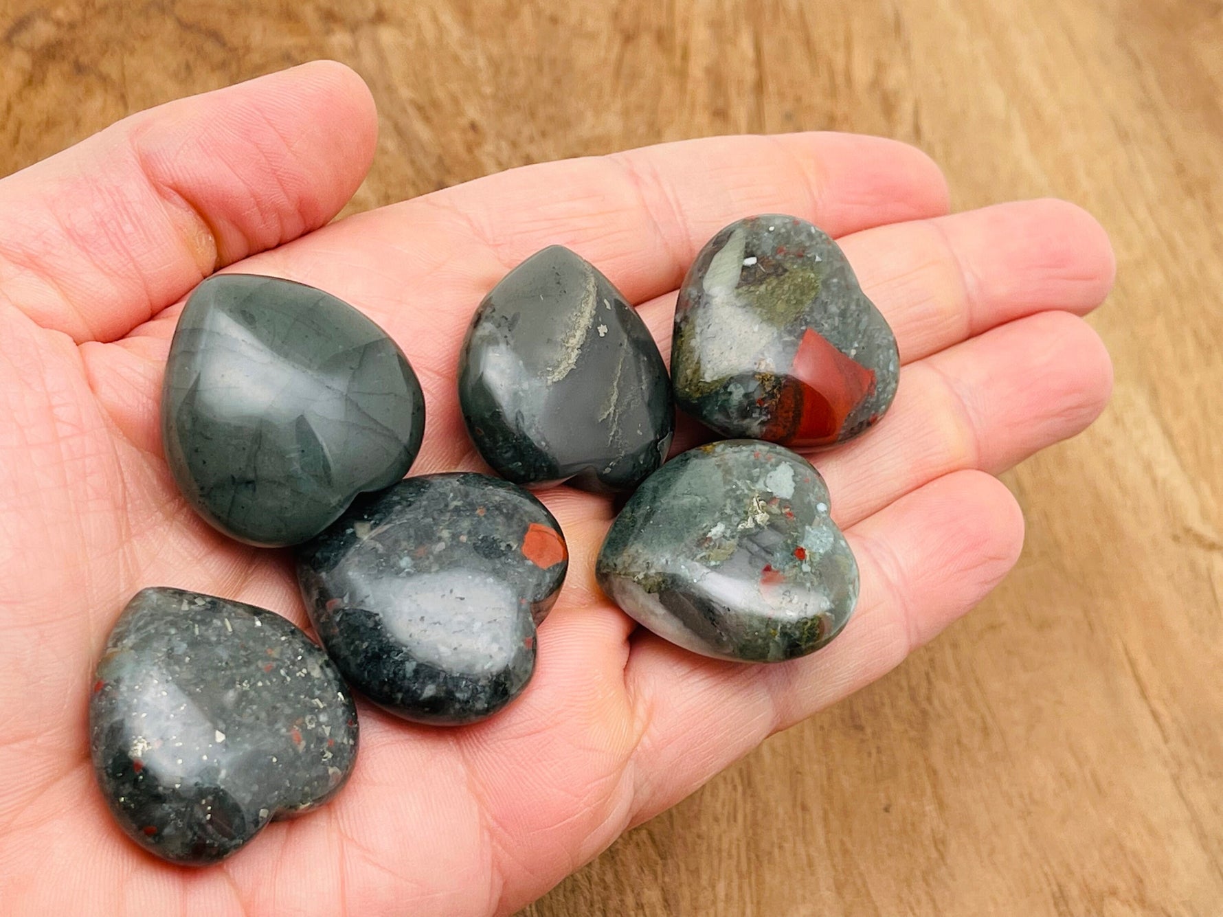 African Bloodstone heart-shaped gemstone, 30mm, from GemstoneGO, featuring rich green and red mineral patterns.