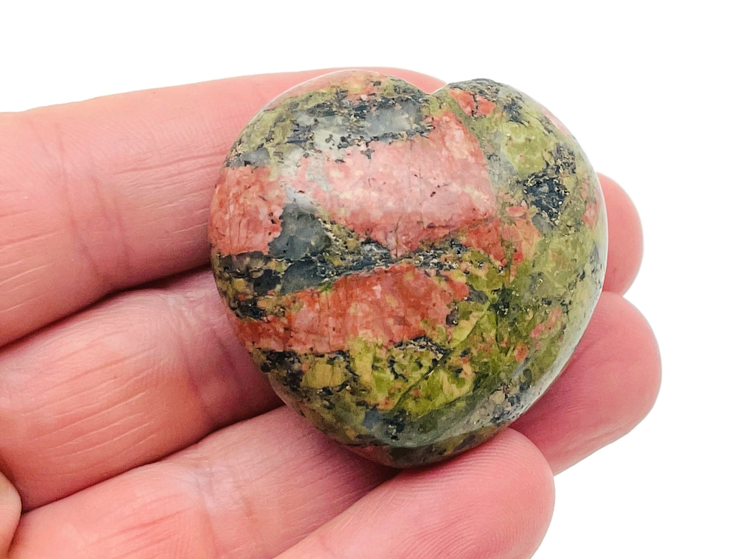 Pierre précieuse en forme de cœur d'unakite - Cœur en cristal - Pierre d'unakite naturelle - Cœur sculpté en pierre précieuse - 4 cm - HE1250