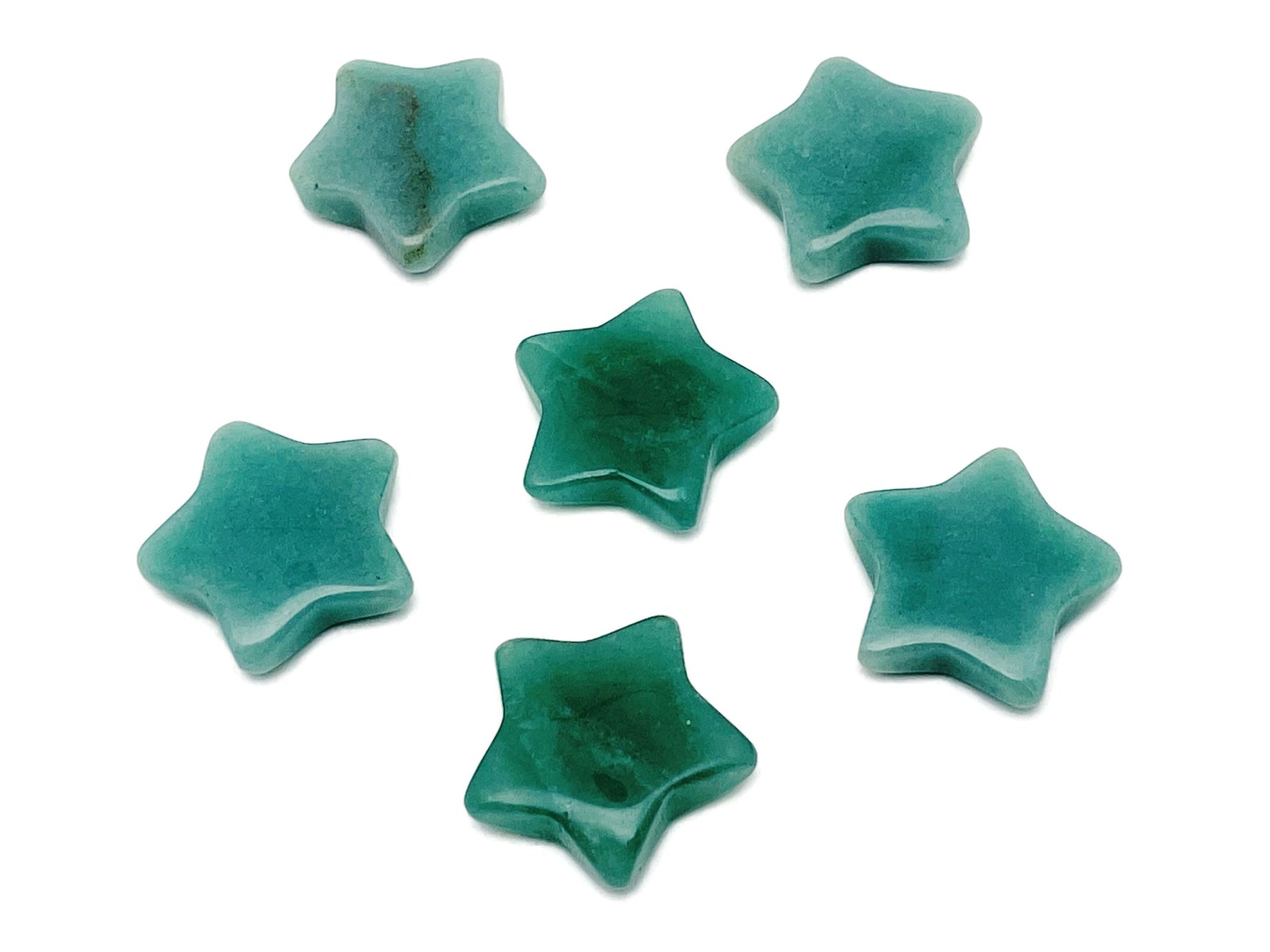 A 30mm Aventurine star gemstone by GemstoneGO, showcasing a polished green stone with a star-shaped pattern and smooth surface.