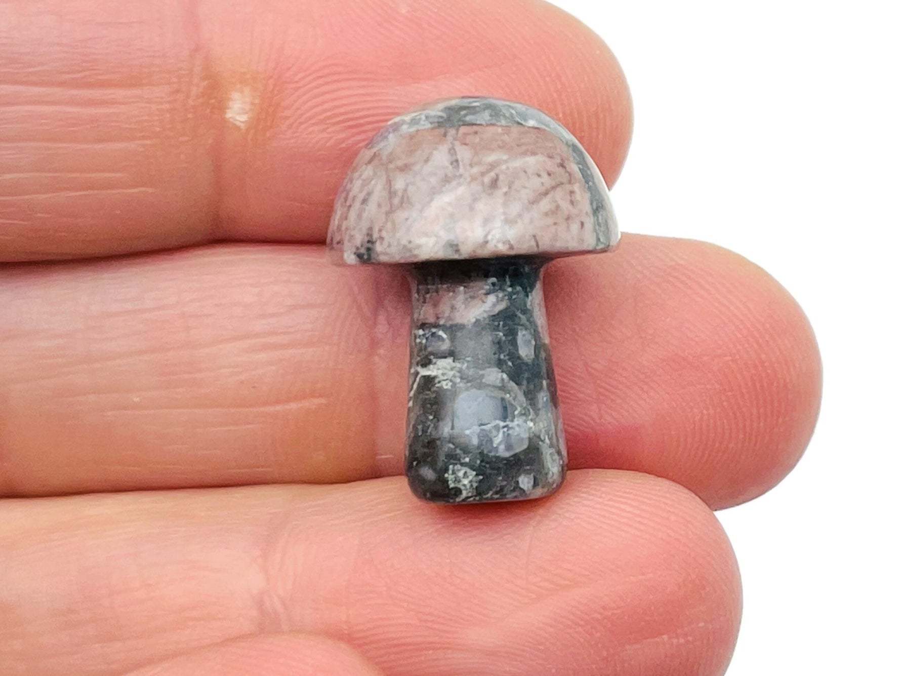 Blue Liberite Que Sera mushroom carved gemstone pendant, 20mm, showcasing detailed gemstone carving and vibrant blue color.