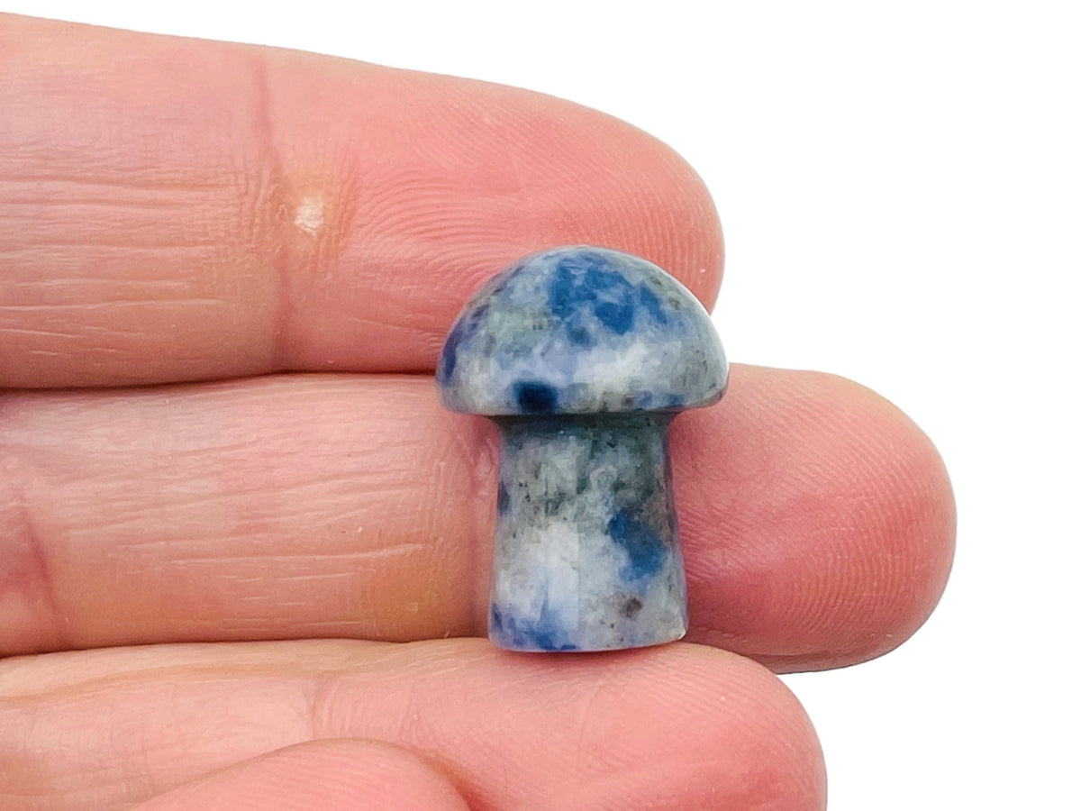 Blue Spot Jasper mushroom carved gemstone, 20mm, showing detailed mushroom shape and vibrant blue spots on polished stone.