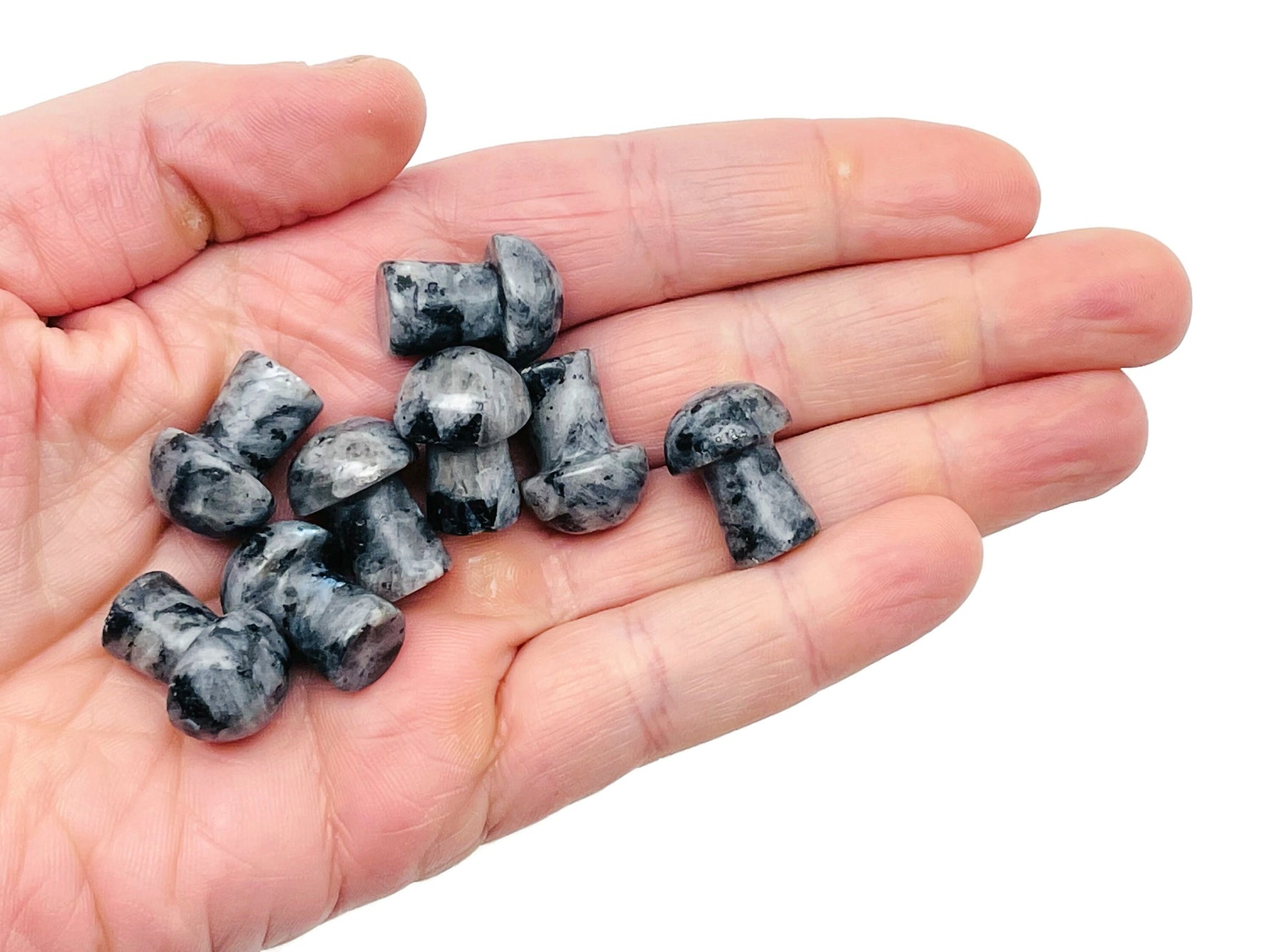Larvikite mushroom carved gemstone, 20mm, from GemstoneGO, showcasing a polished, natural dark stone with subtle blue flashes.