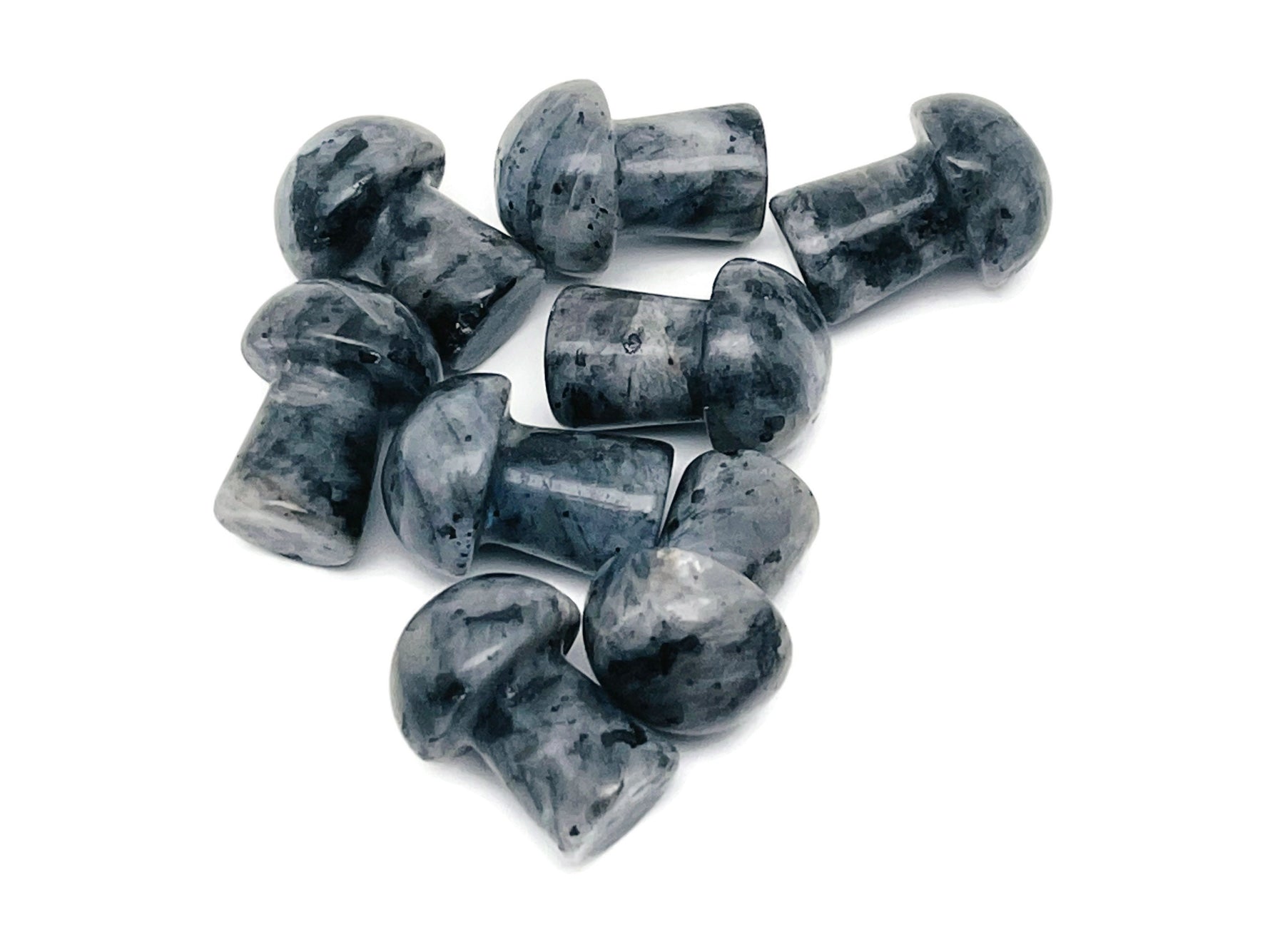 Larvikite mushroom carved gemstone, 20mm, showcasing intricate natural patterns and polished surface, from GemstoneGO.