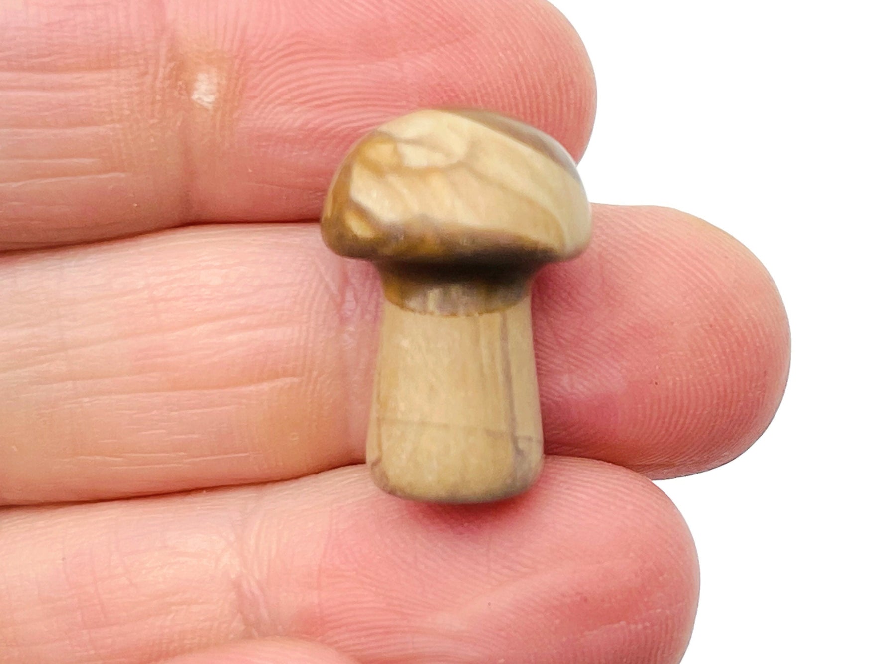 Walnut Jasper mushroom carved gemstone pendant, 20mm, showing detailed brown and beige stone with mushroom shape and carved texture.