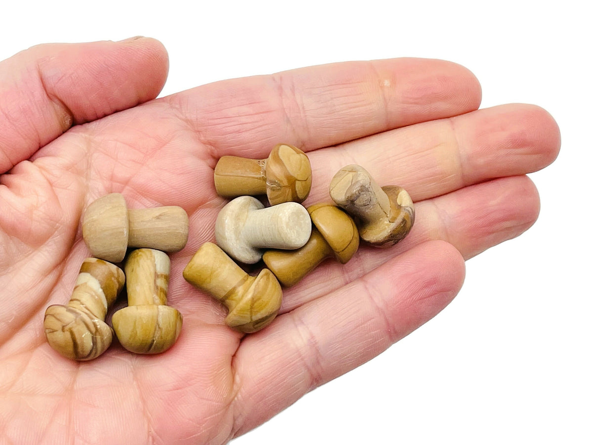 Walnut Jasper mushroom carved gemstone, 20mm, showcasing detailed natural stone craftsmanship and rich earthy tones.