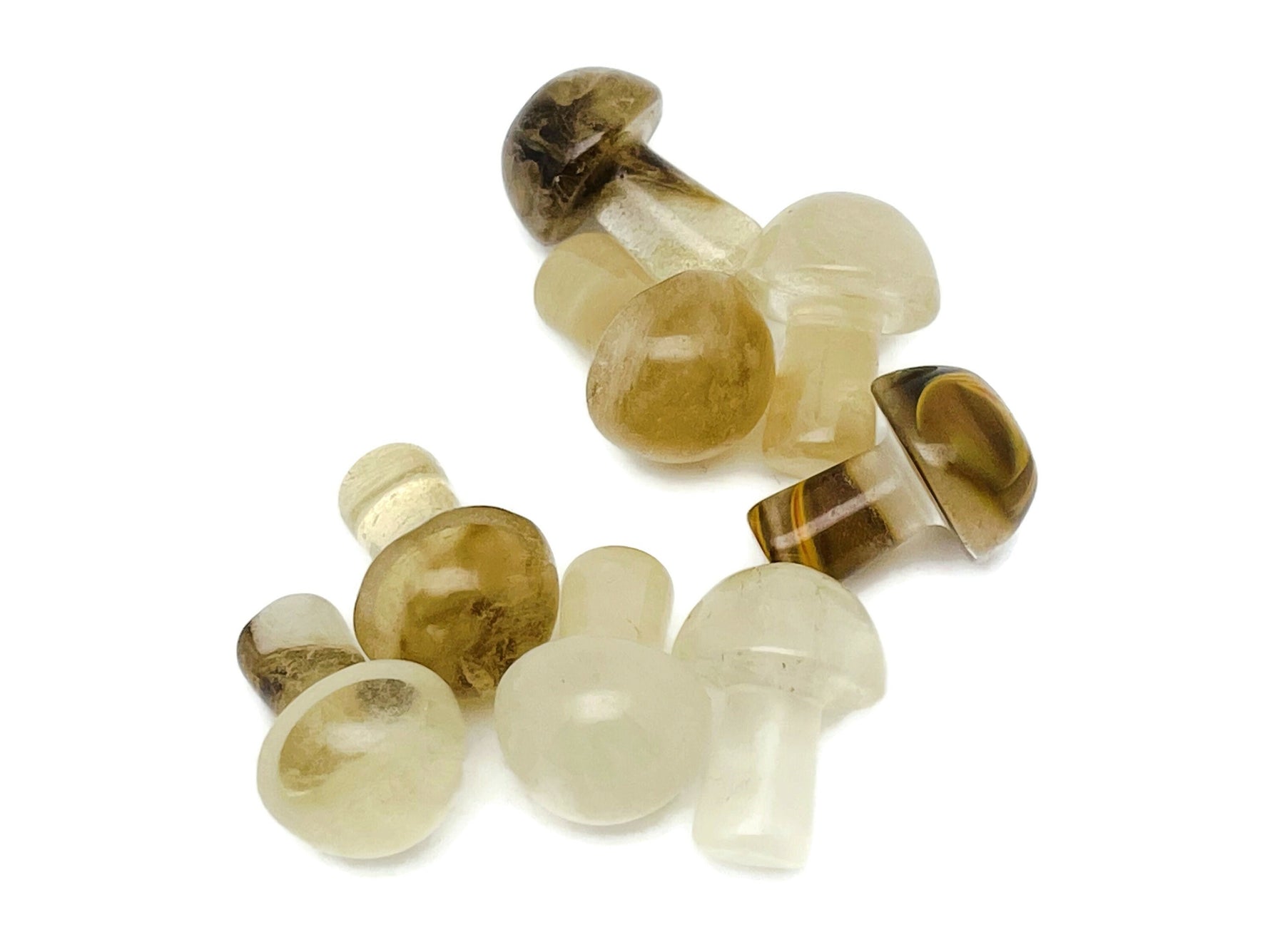 Yellow smelting quartz mushroom carved gemstone, 20mm, showing detailed mushroom shape with vibrant yellow color and smooth surface.