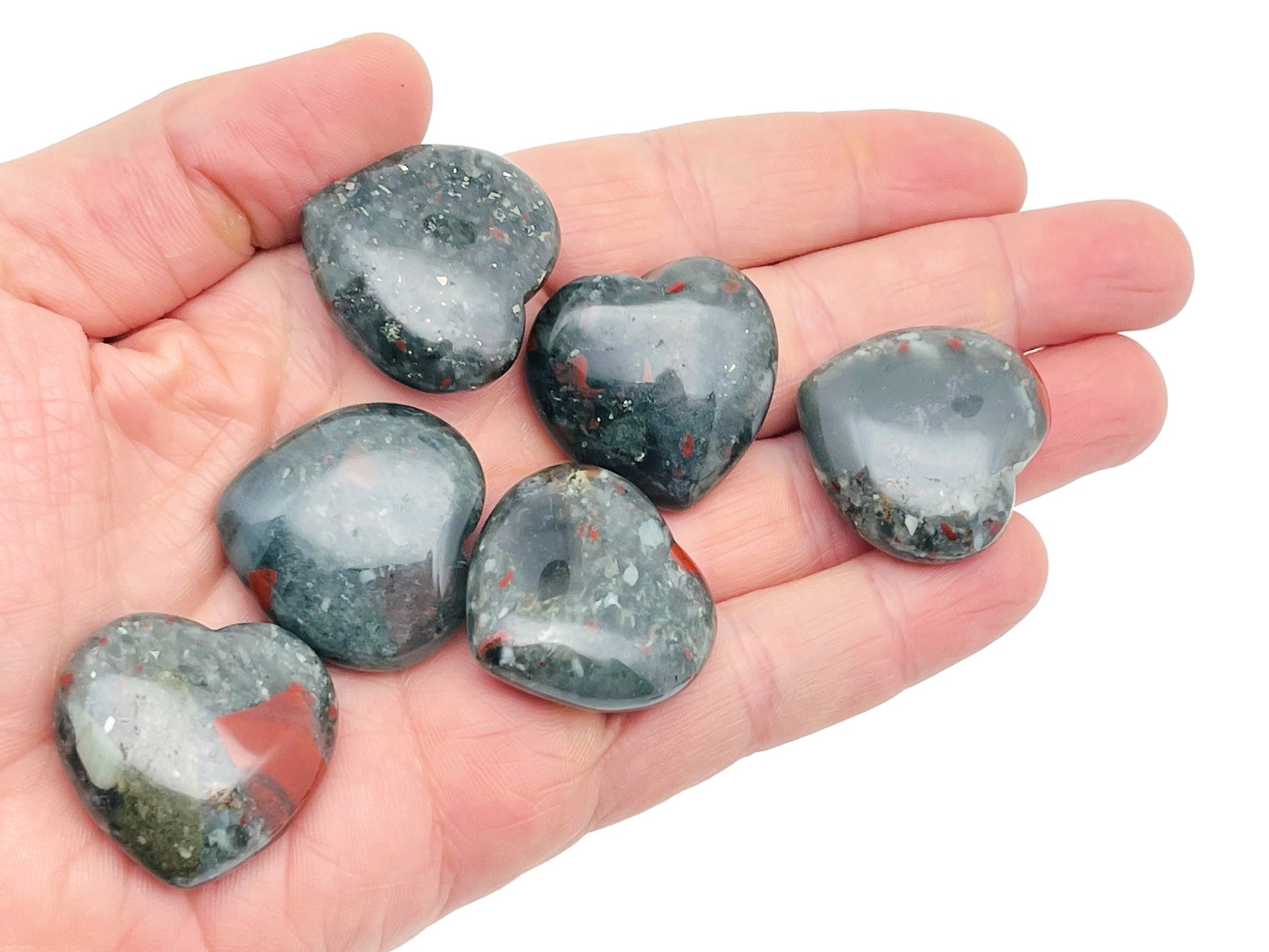 African Bloodstone heart-shaped gemstone, 30mm, from GemstoneGO, featuring deep green and red mineral patterns.