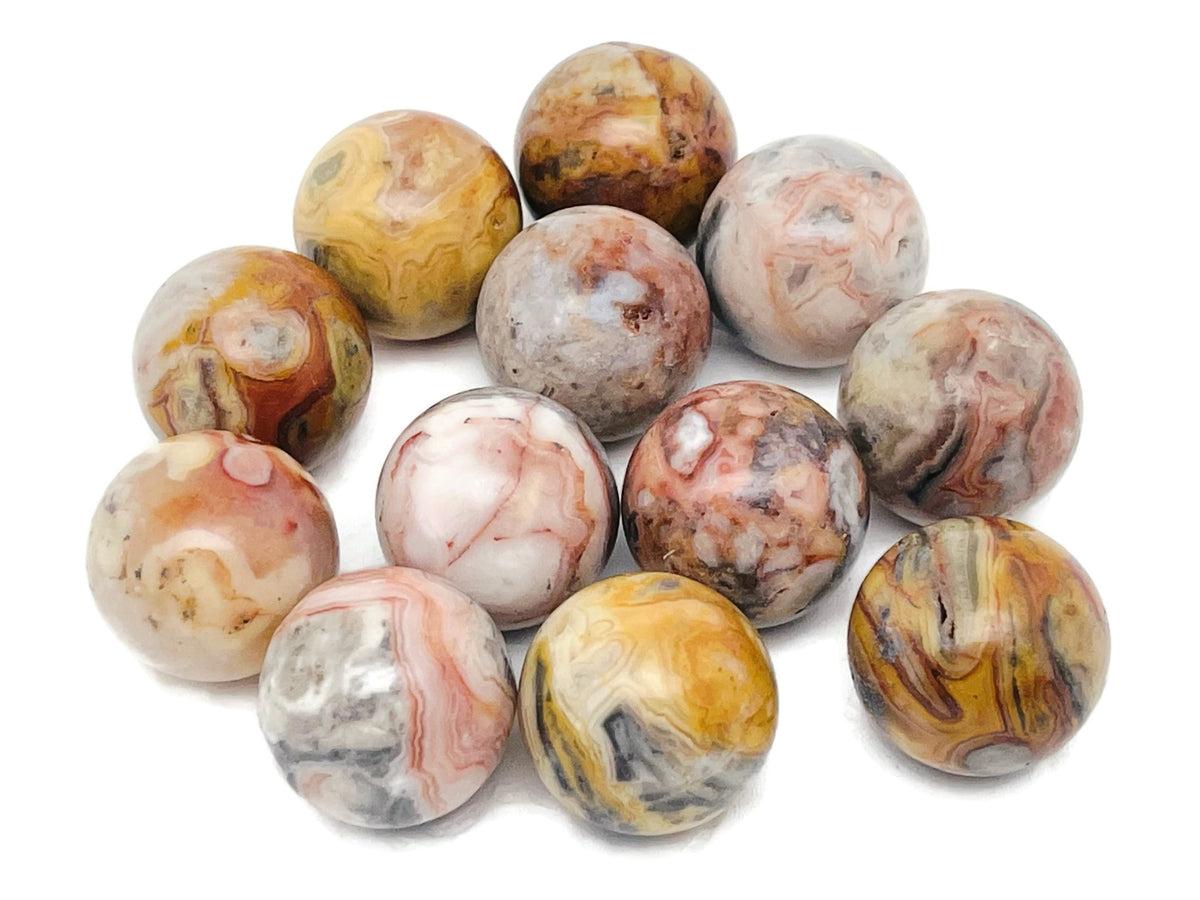 20mm Crazy Lace Agate gemstone sphere from GemstoneGO, featuring vibrant Mexican agate with intricate lace-like patterns.